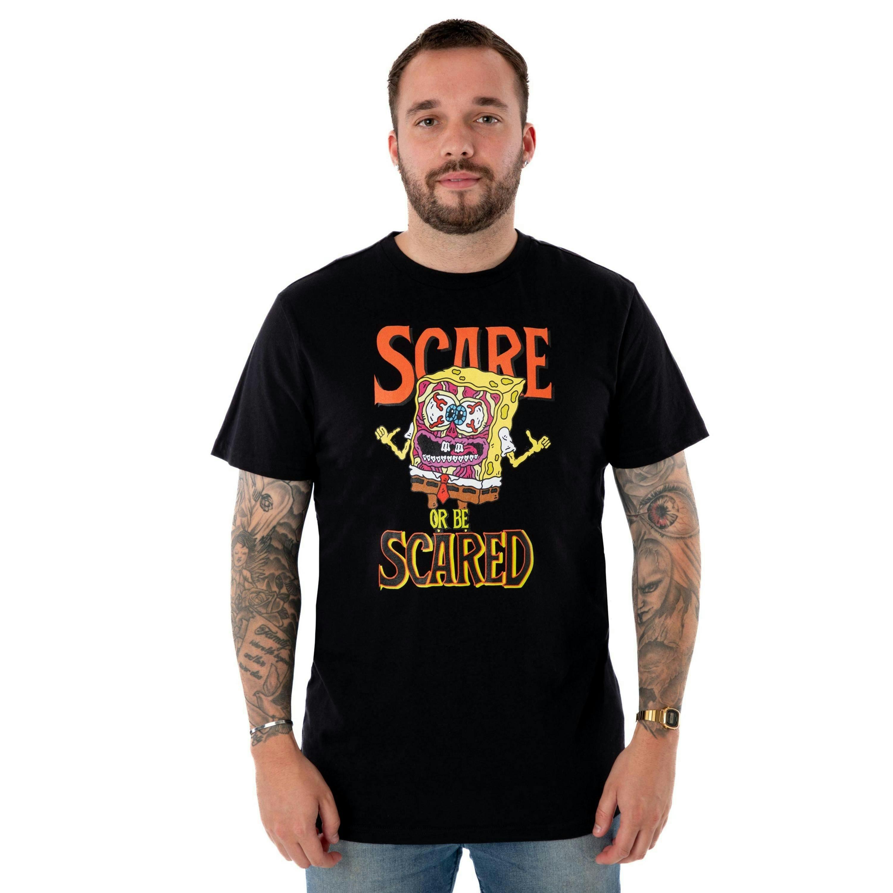 SpongeBob SquarePants Unisex Black Scare Or Be Scared Short Sleeved T-Shirt by Vanilla Underground , view 1 of 6