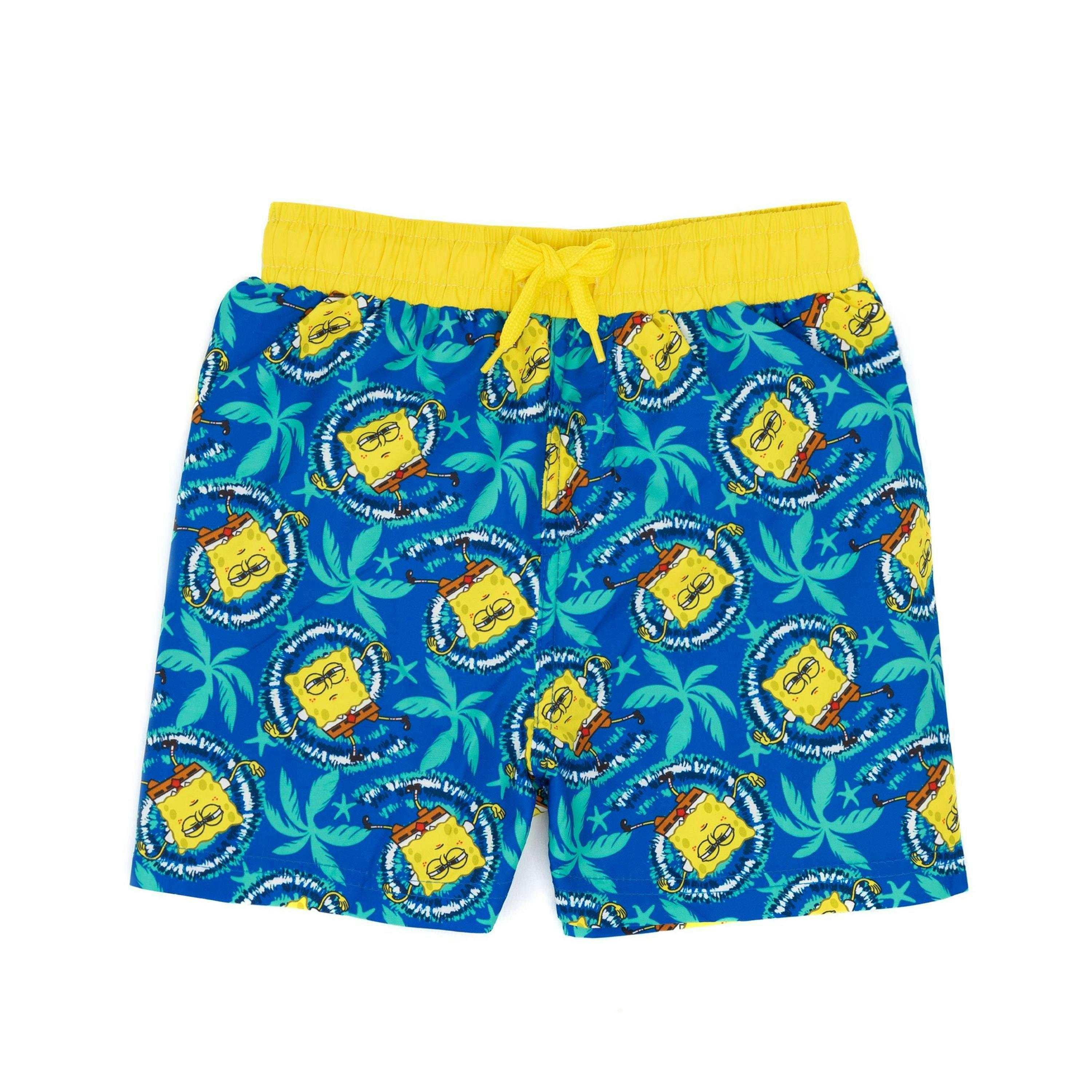 SpongeBob SquarePants Boys Blue Spongebob All-Over Tropical Print Drawstring Swim Shorts by Vanilla Underground , view 1 of 6