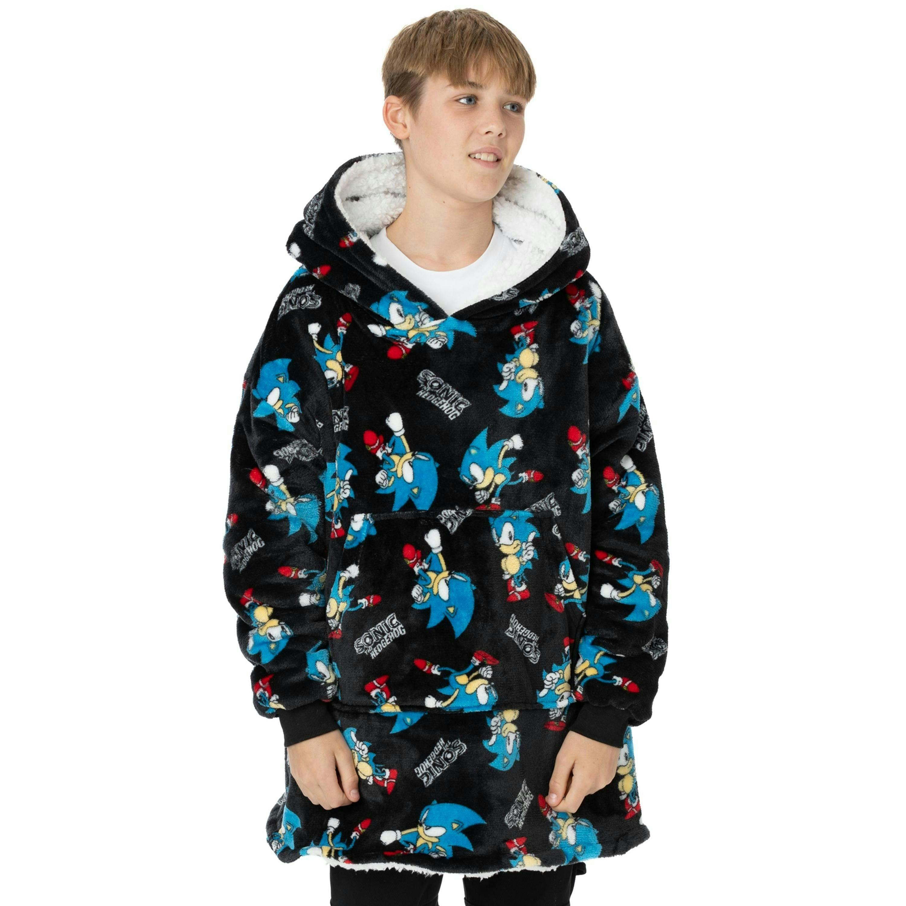Sonic the Hedgehog Unisex Kids Black Sonic & Logo All-Over Print Blanket Hoodie by Vanilla Underground , view 1 of 6