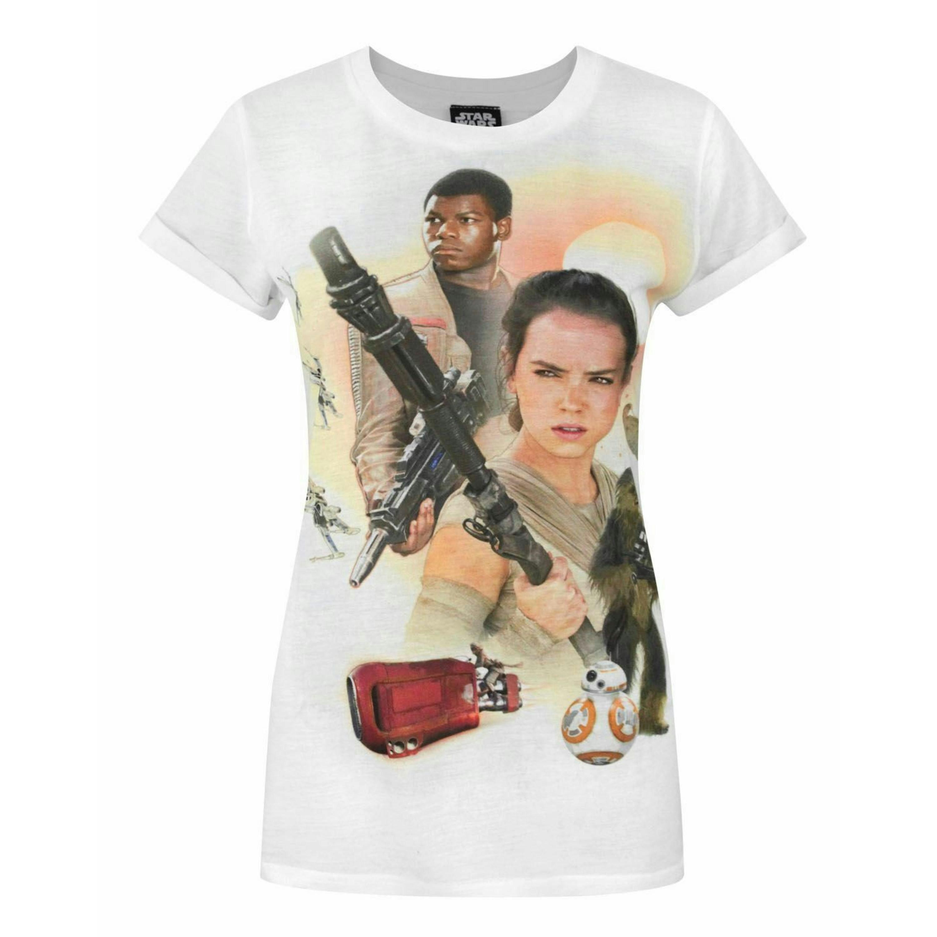 Star Wars Womens White Rey, Finn, Bb-8 Force Awakens Short Sleeved T-Shirt by Vanilla Underground , view 1 of 1
