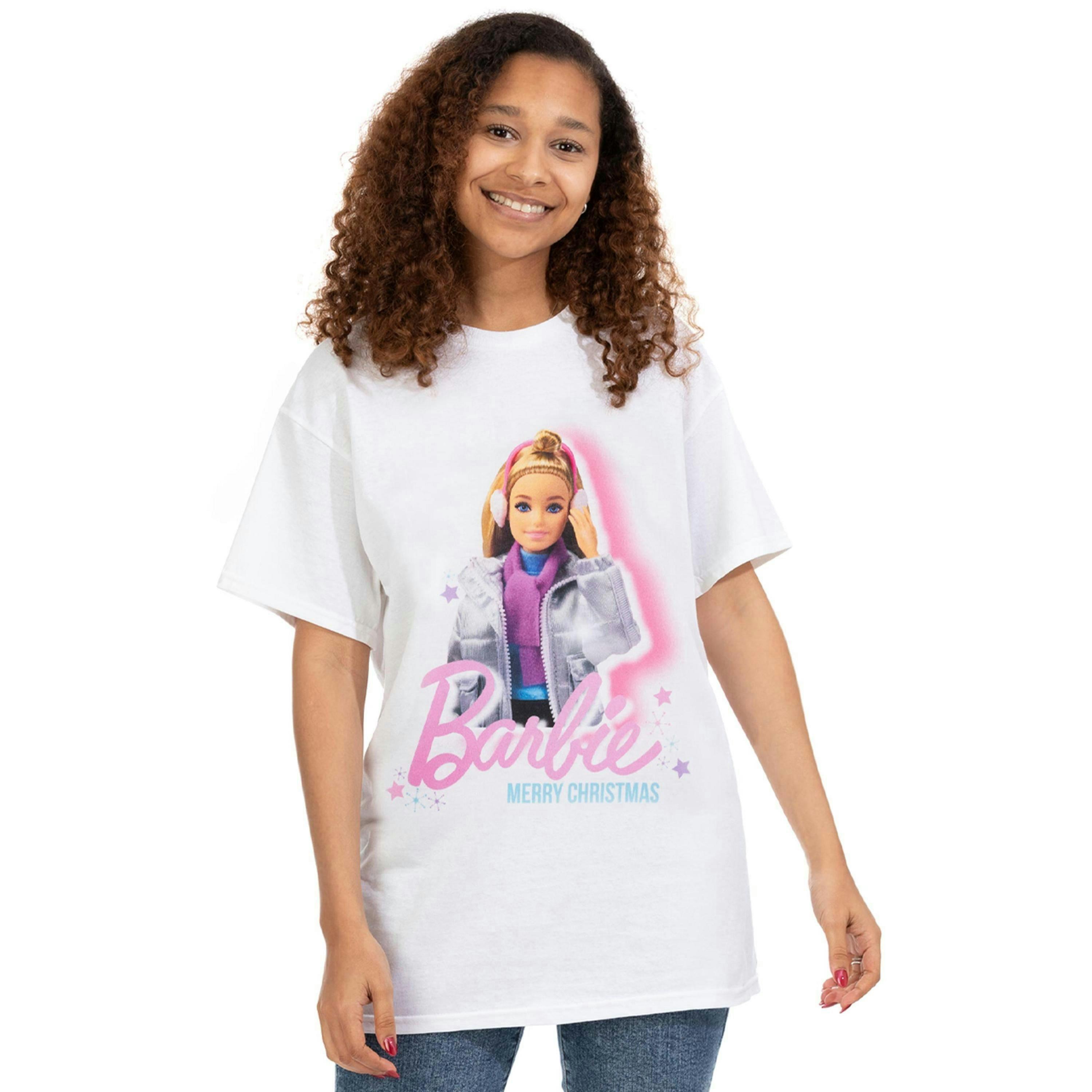 Barbie Womens White Barbie Doll Christmas Graphic Short Sleeved T-Shirt by Vanilla Underground , view 1 of 5