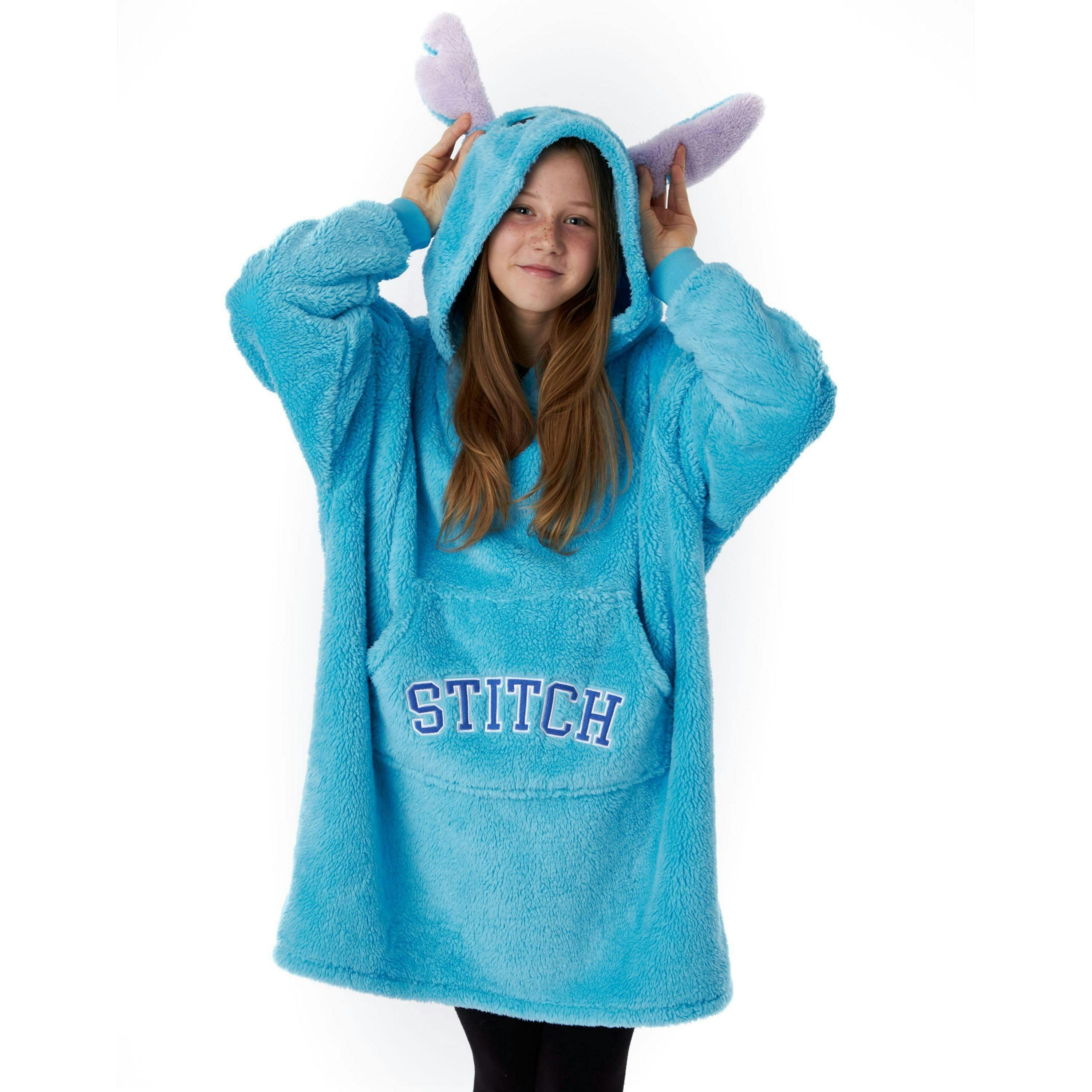 Disney Lilo & Stitch Girls Blue Applique Ears & Lettering Blanket Hoodie by Vanilla Underground , view 1 of 6