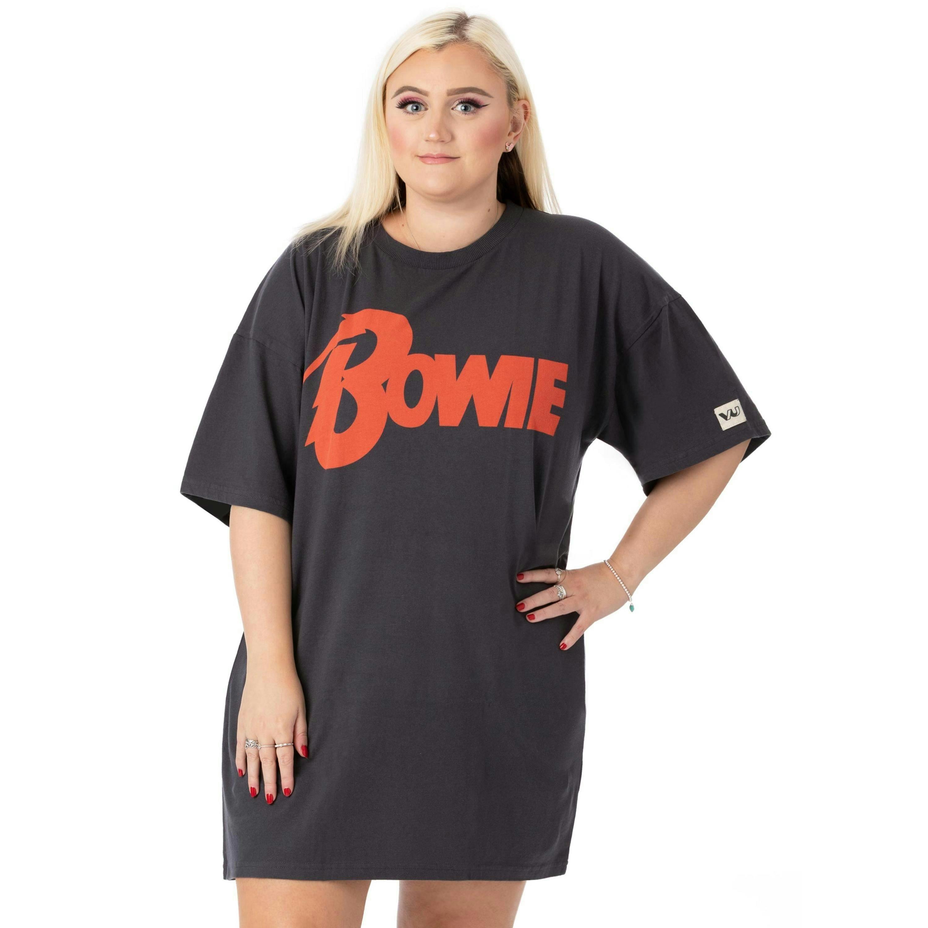 David Bowie Womens Grey Logo Oversized Short Sleeved T-Shirt by Vanilla Underground , view 1 of 6