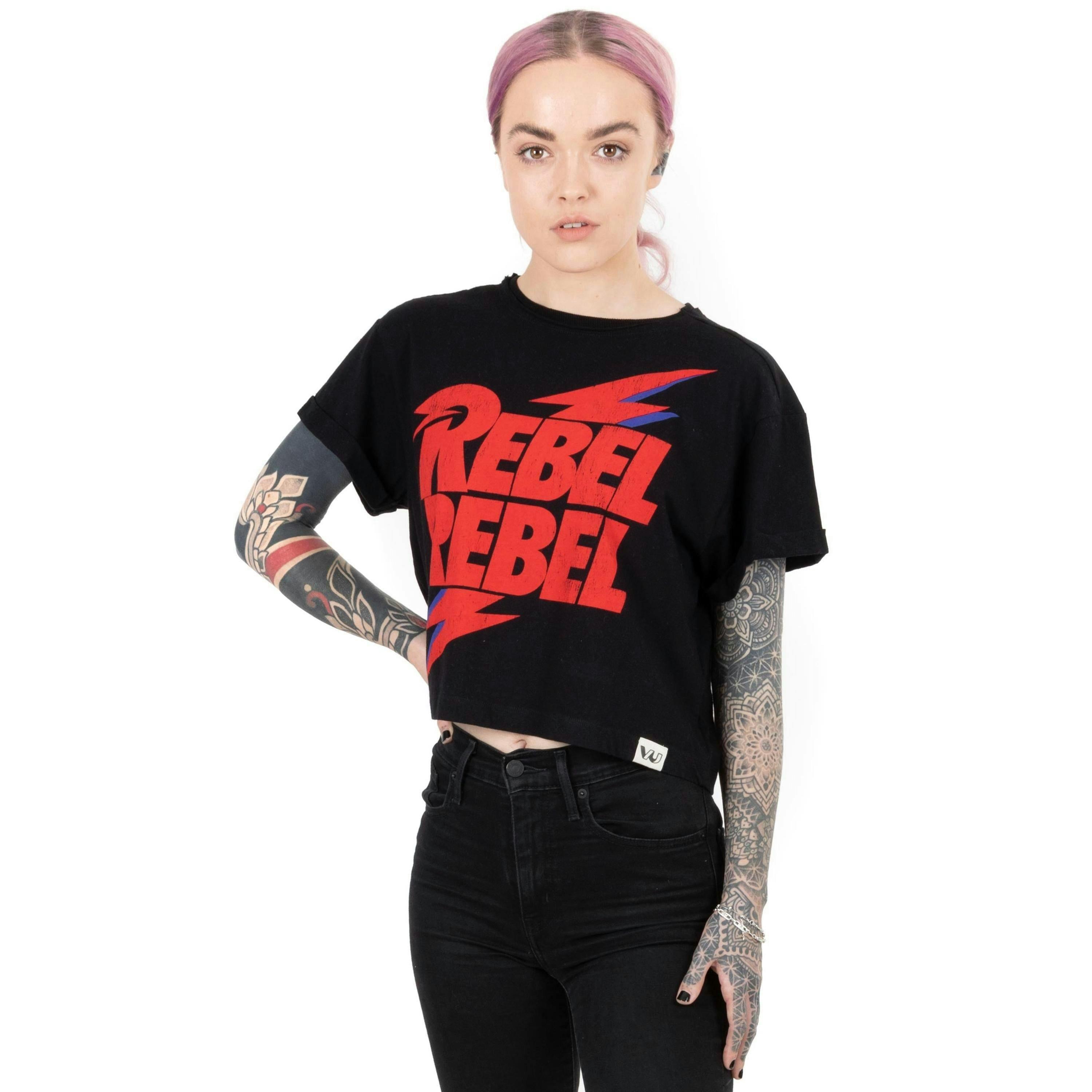 David Bowie Womens Black Character Cropped Short Sleeved T-Shirt by Vanilla Underground , view 1 of 6