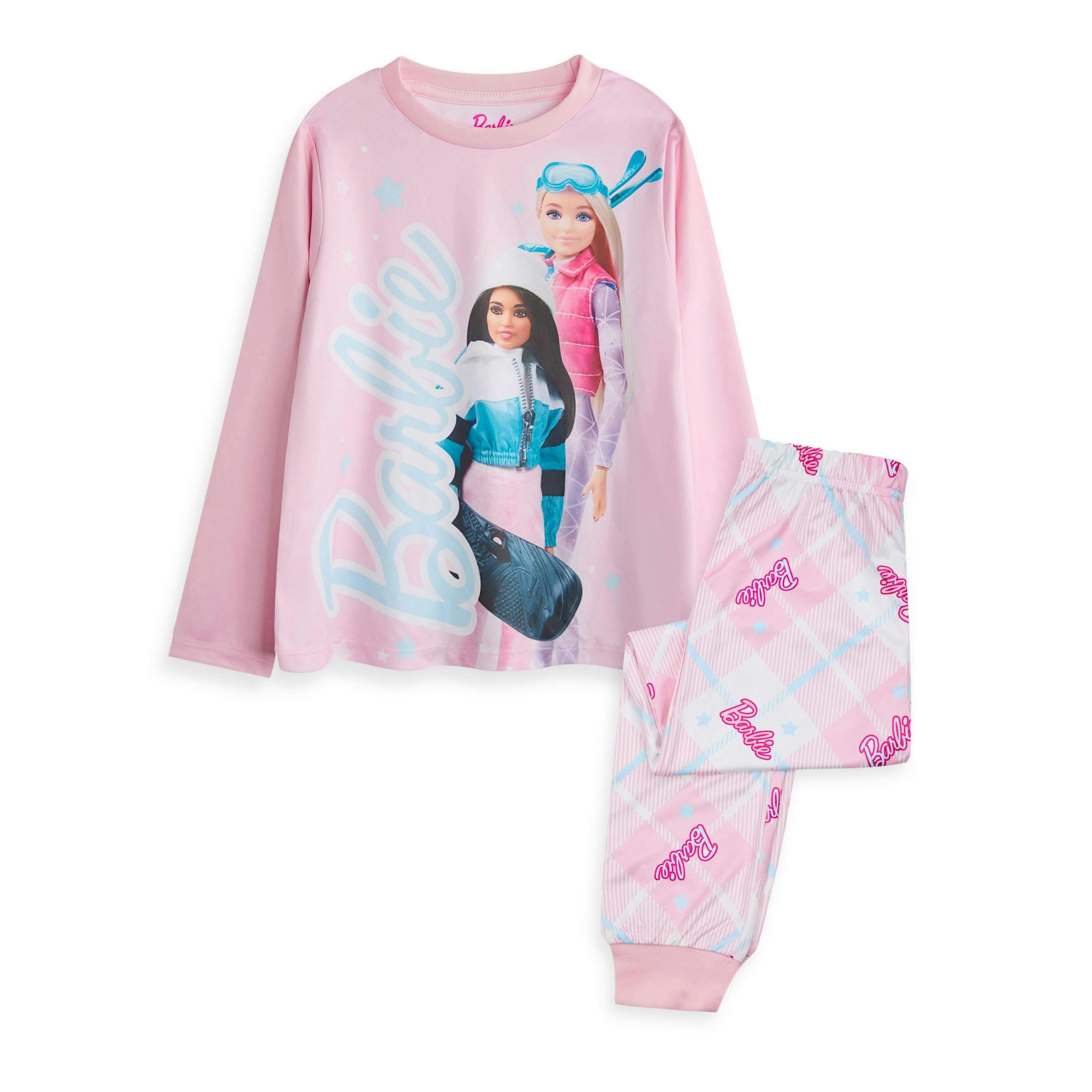 Barbie Girls Pink Front Print Top, Check Bottoms Long Sleeve Long Leg Pyjama Set by Vanilla Underground , view 1 of 6