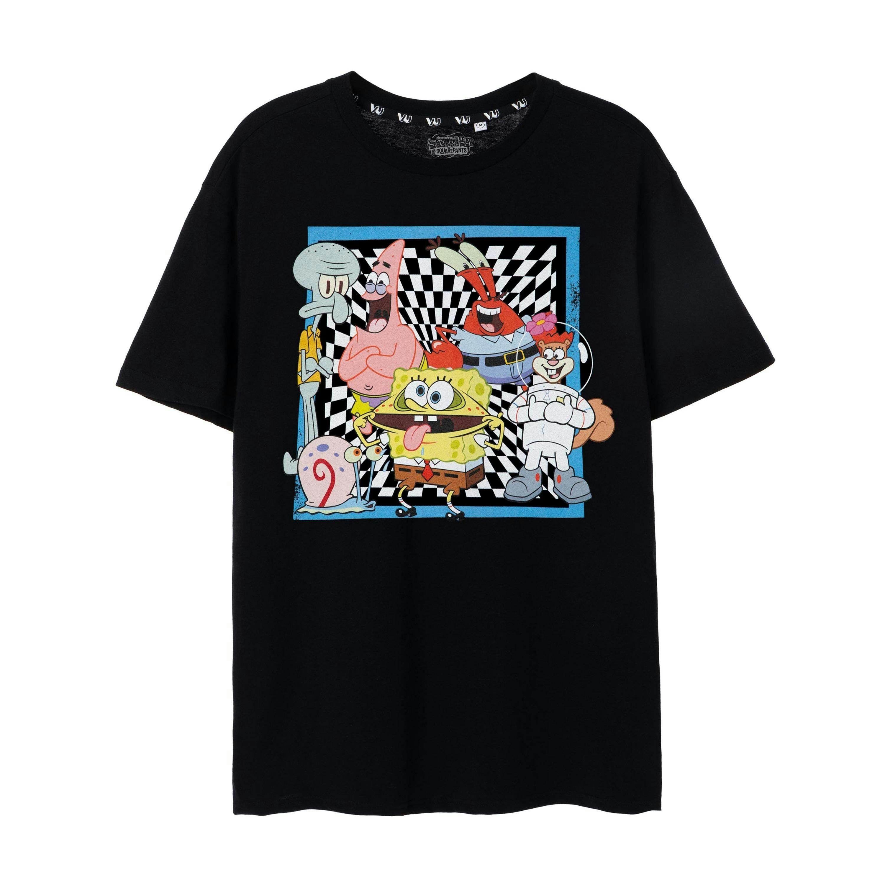 SpongeBob SquarePants Mens Black Checkerboard Group Short Sleeved T-Shirt by Vanilla Underground , view 1 of 6