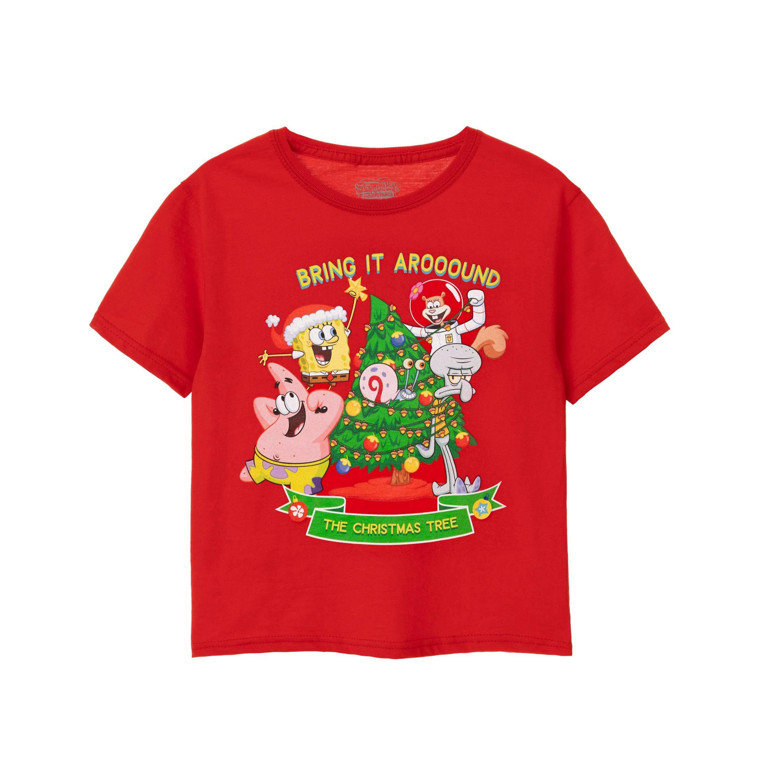 SpongeBob SquarePants Unisex Kids Red Christmas Tree Short Sleeved T-Shirt by Vanilla Underground , view 1 of 6