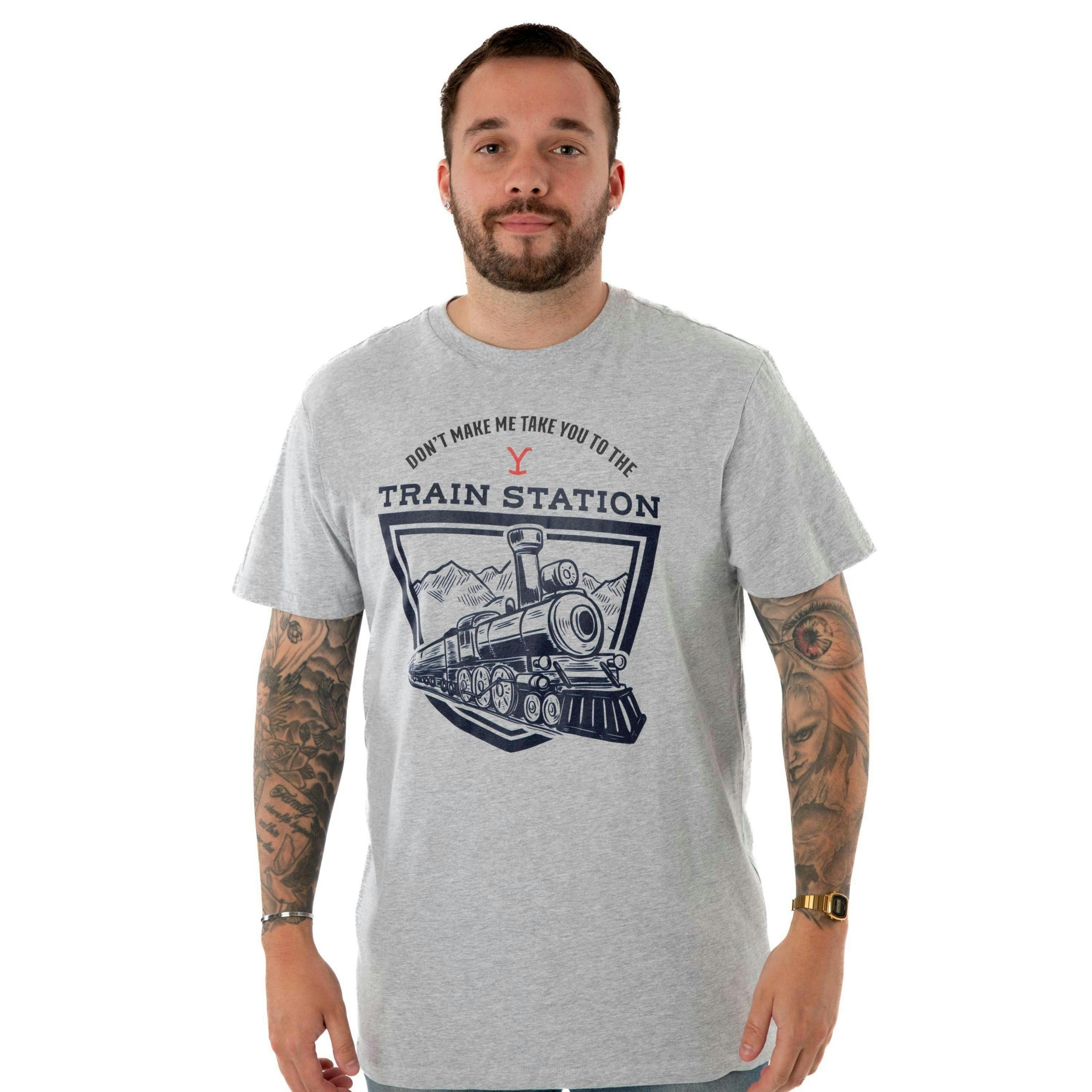 Yellowstone Mens Grey Train Station Short Sleeved T-Shirt by Vanilla Underground , view 1 of 6