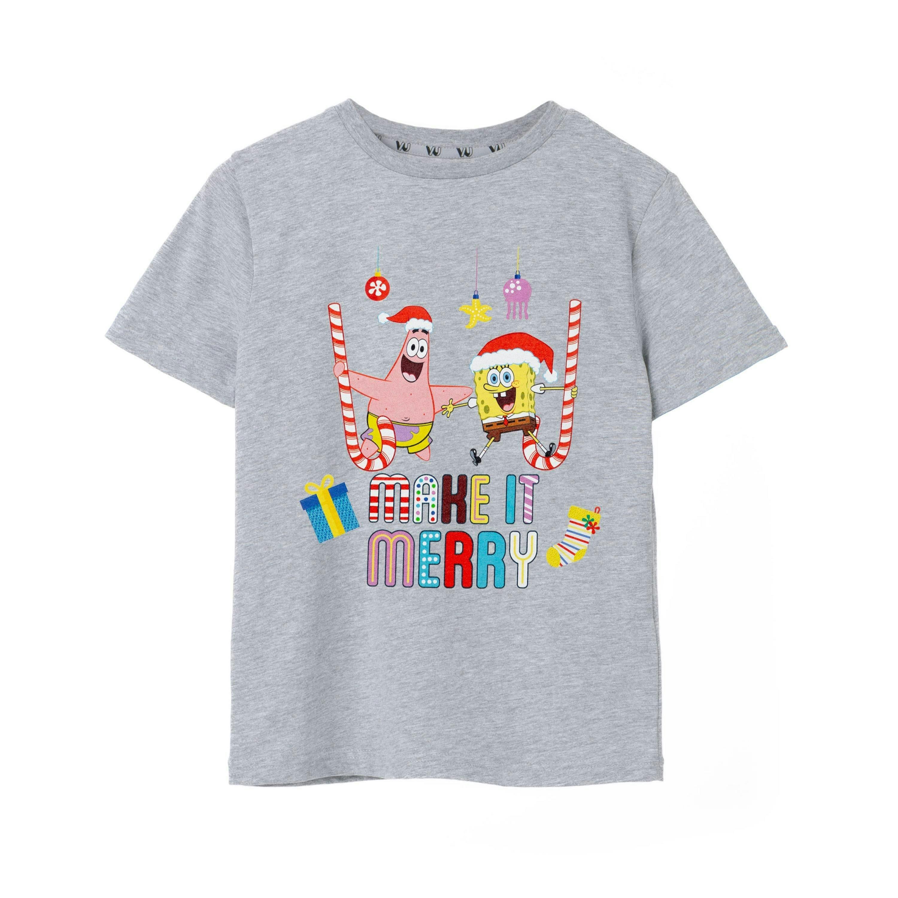 SpongeBob SquarePants Unisex Kids Grey Make it Merry Short Sleeved T-Shirt by Vanilla Underground , view 1 of 6