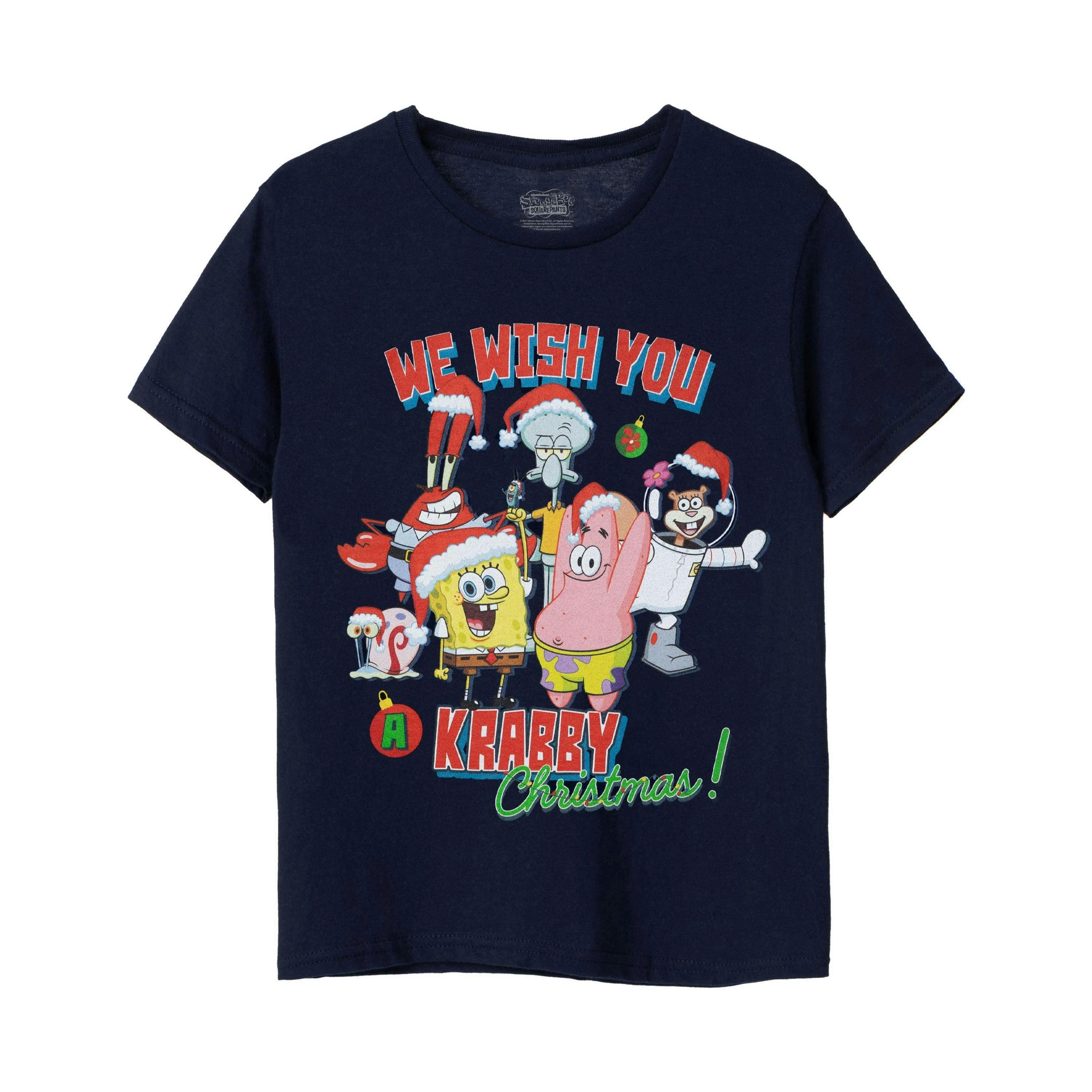 SpongeBob SquarePants Unisex Kids Blue Krabby Christmas Short Sleeved T-Shirt by Vanilla Underground , view 1 of 6