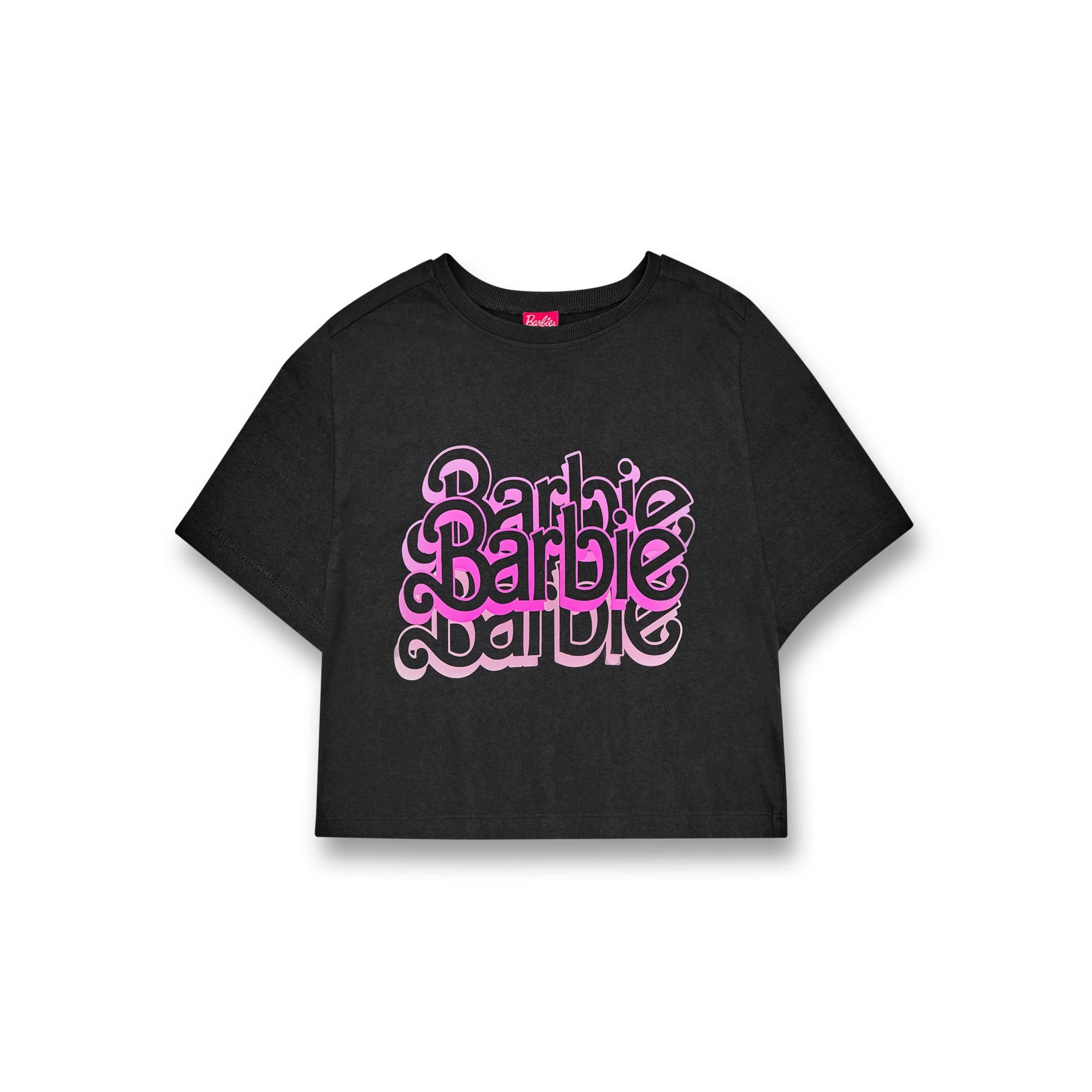 Barbie Womens Grey Triple Logo Cropped Short Sleeved T-Shirt by Vanilla Underground , view 1 of 6