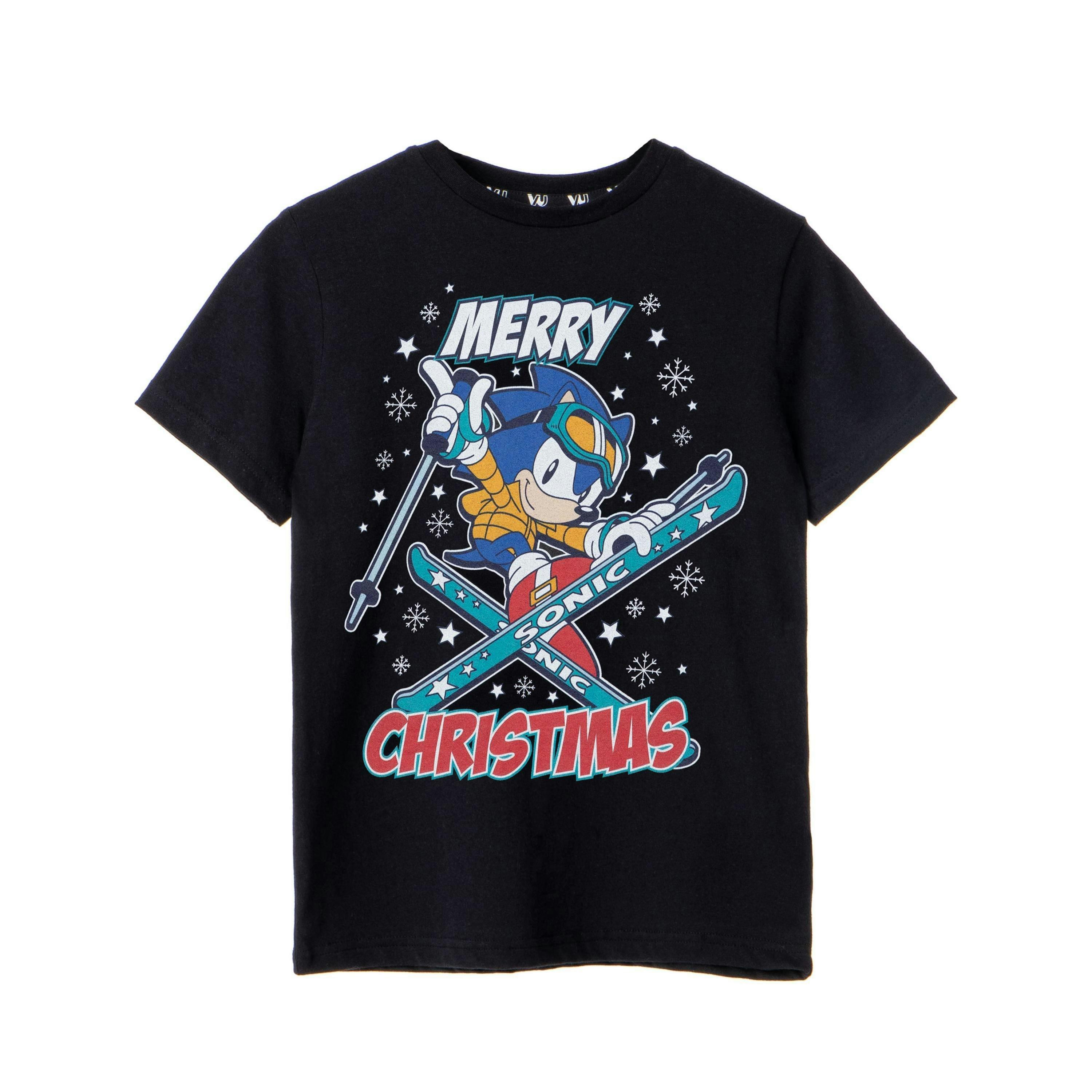 Sonic the Hedgehog Boys Black Merry Christmas Short Sleeved T-Shirt by Vanilla Underground , view 1 of 6
