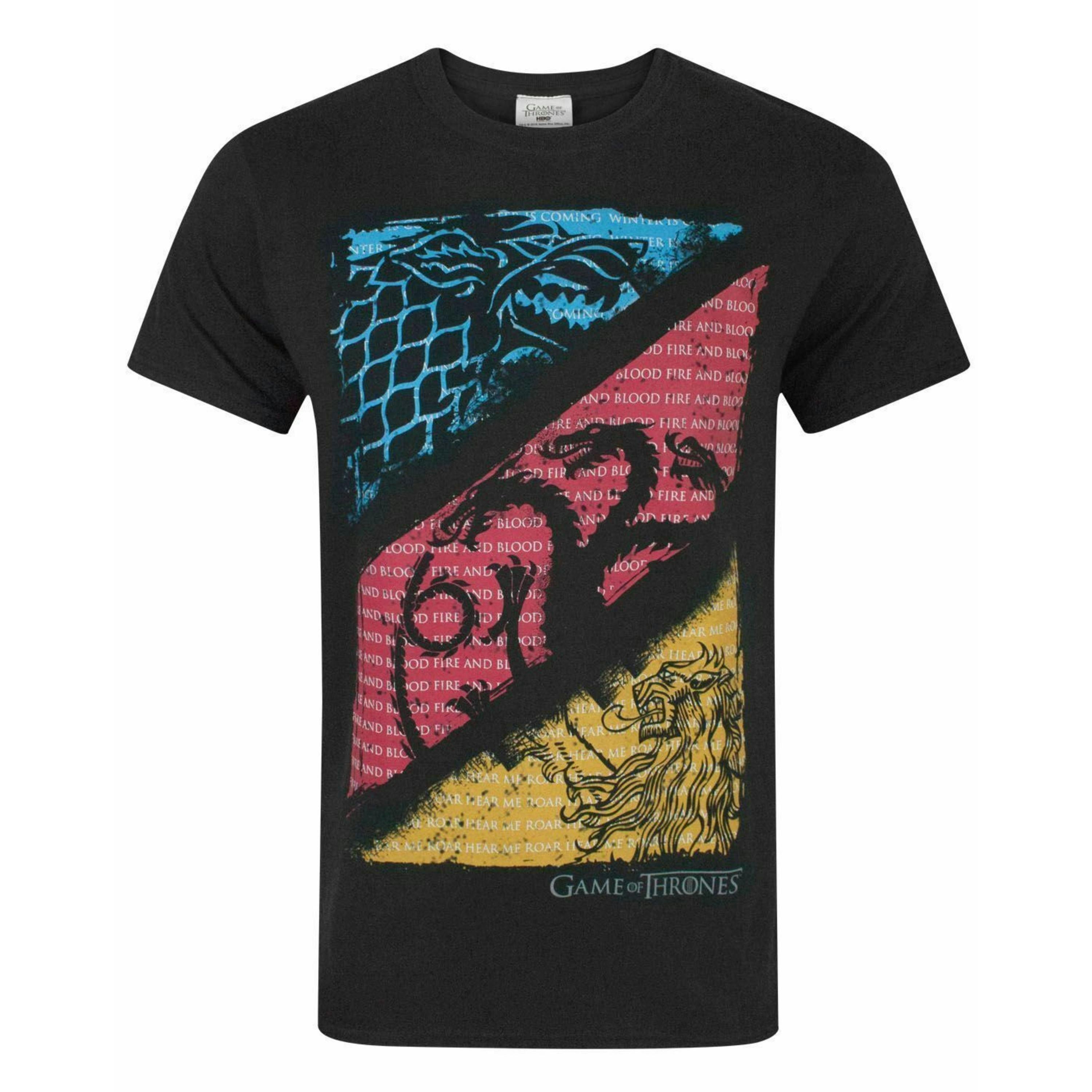 Game of Thrones Mens Black House Stark, House Targaryen, House Lannister Short Sleeved T-Shirt by Vanilla Underground , view 1 of 4