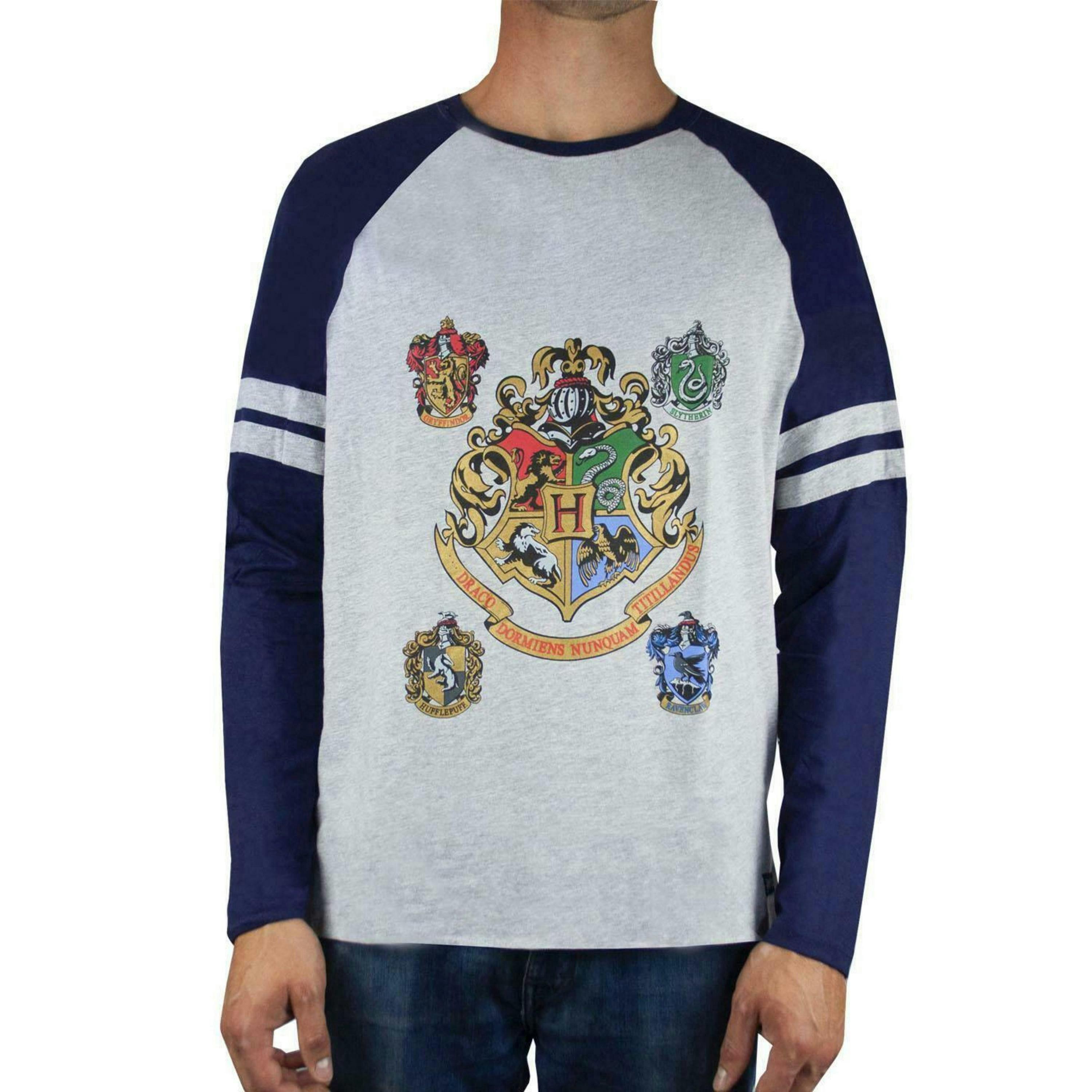 Harry Potter Mens Grey Hogwarts House Crests Raglan Short Sleeved T-Shirt by Vanilla Underground , view 1 of 5