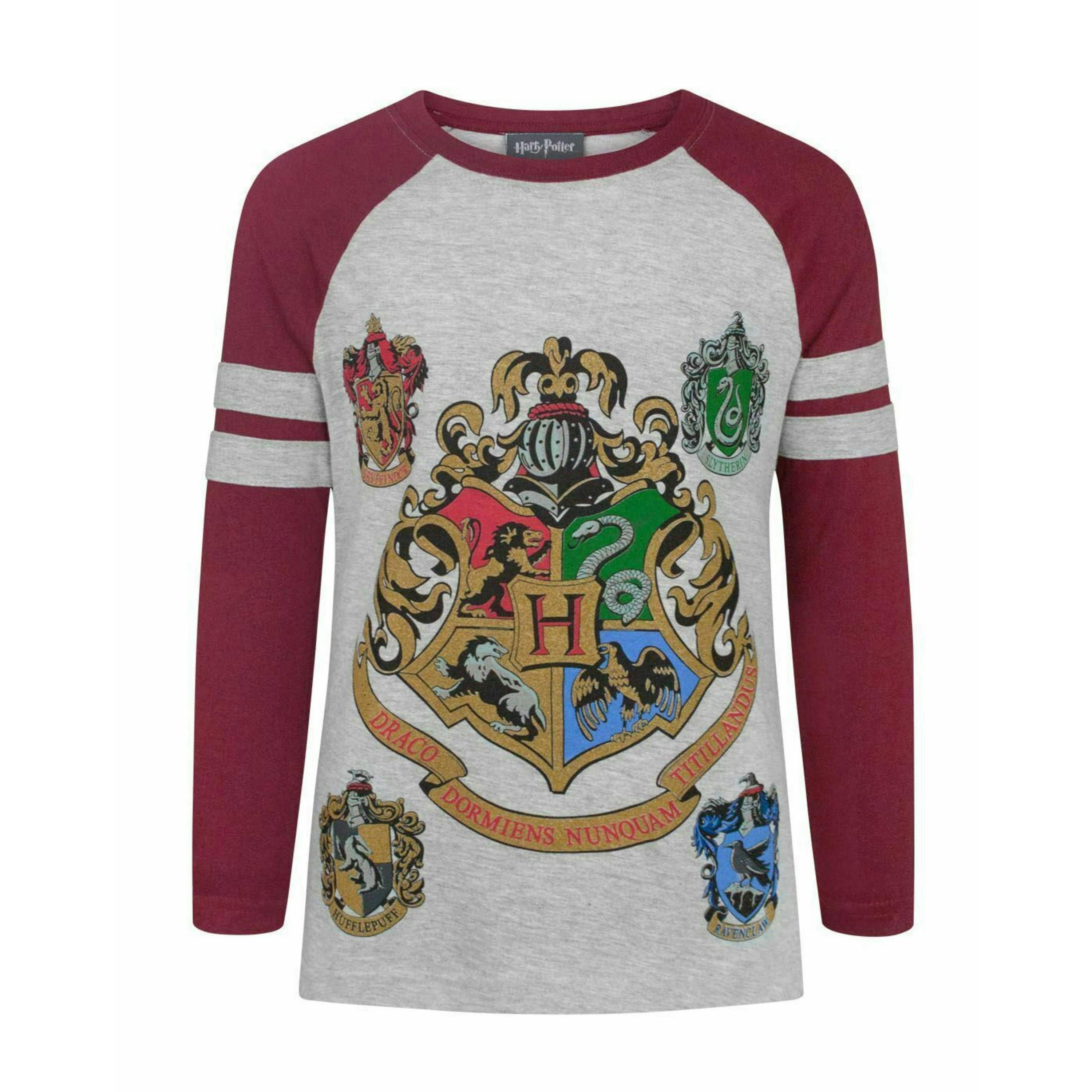 Harry Potter Girls Grey Hogwarts Crest Raglan Short Sleeved T-Shirt by Vanilla Underground , view 1 of 4