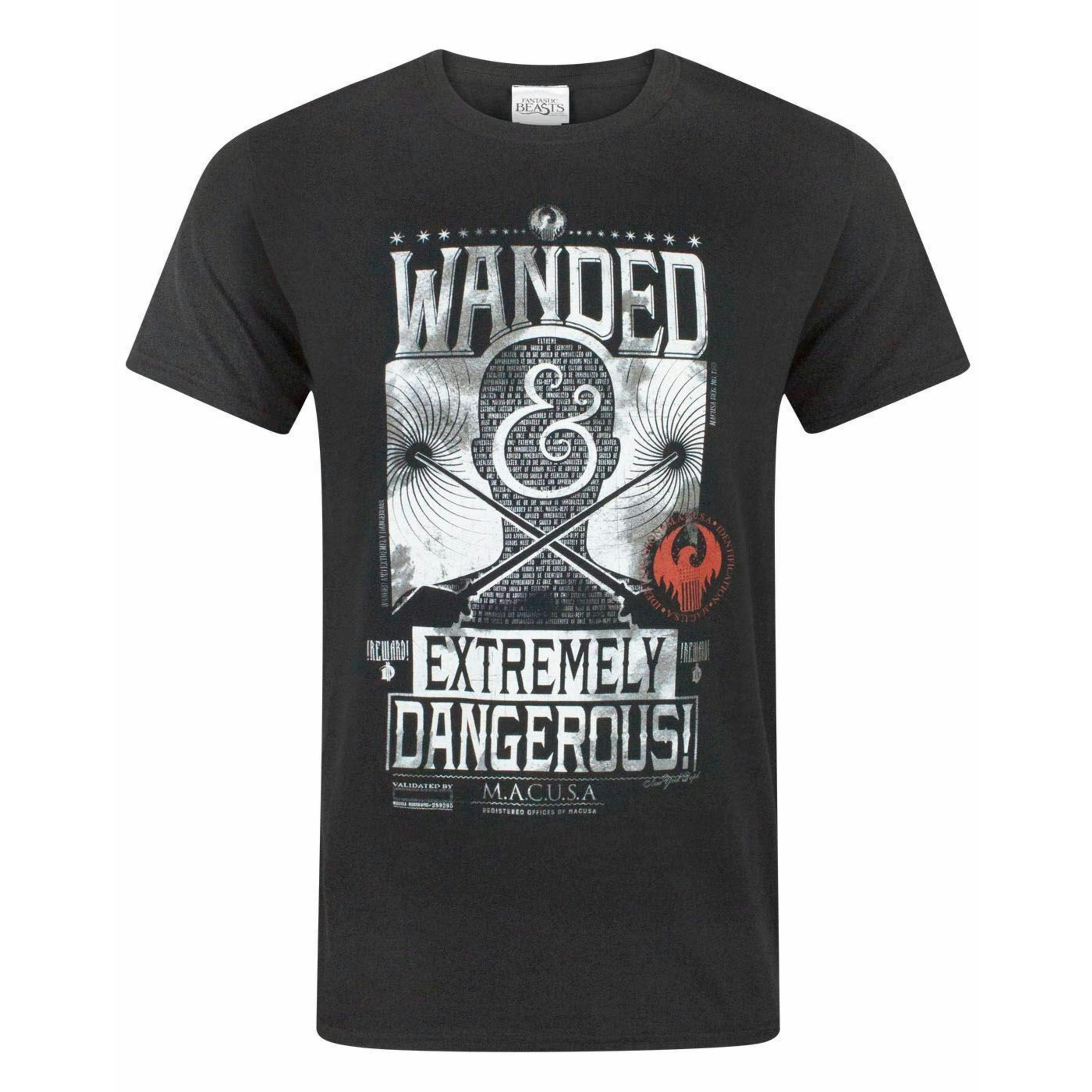 Fantastic Beasts And Where To Find Them Mens Black Wanded And Extremely Dangerous Graphic Print Short Sleeved T-Shirt by Vanilla Underground , view 1 of 4