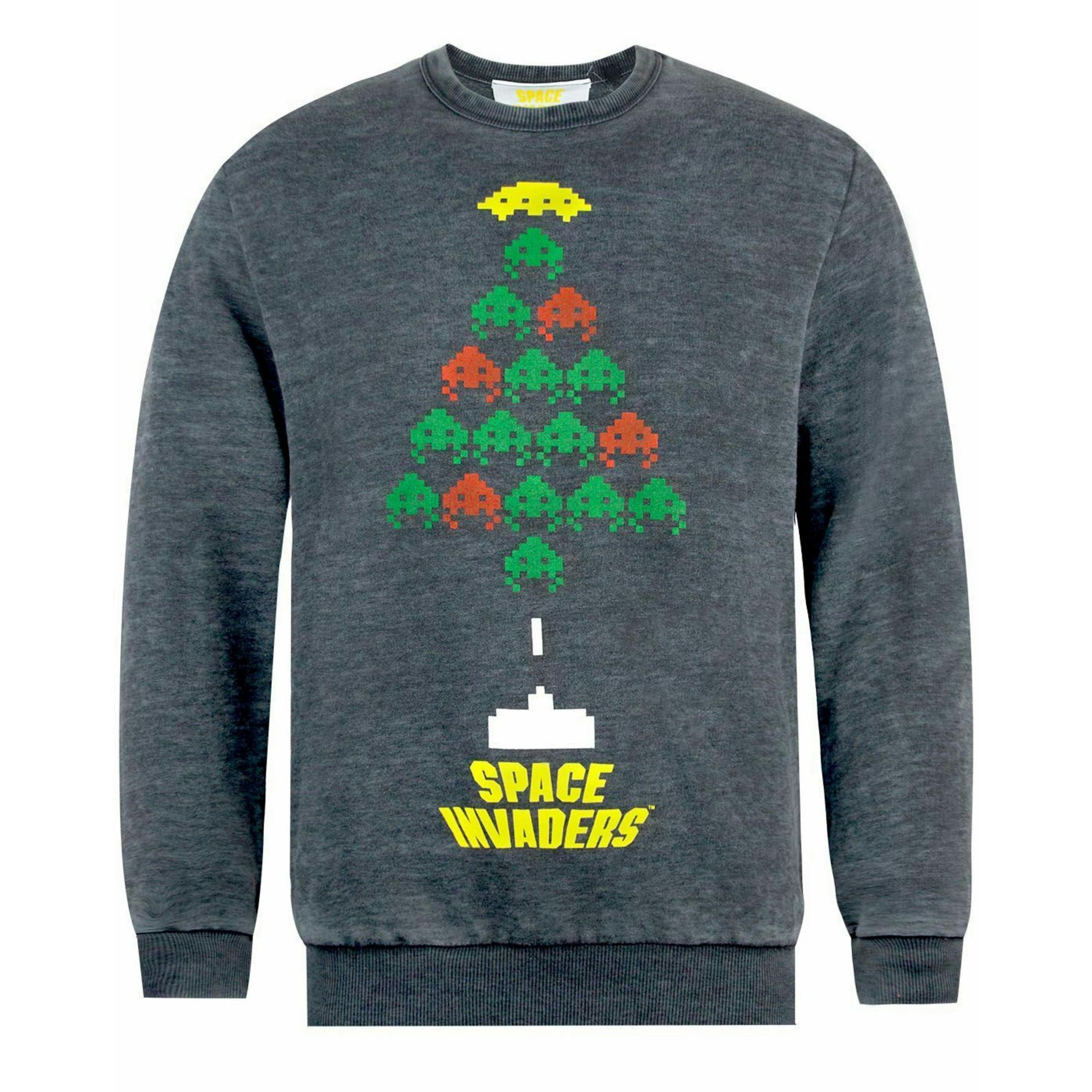 Space Invaders Mens Grey Character Christmas Jumper by Vanilla Underground , view 1 of 4