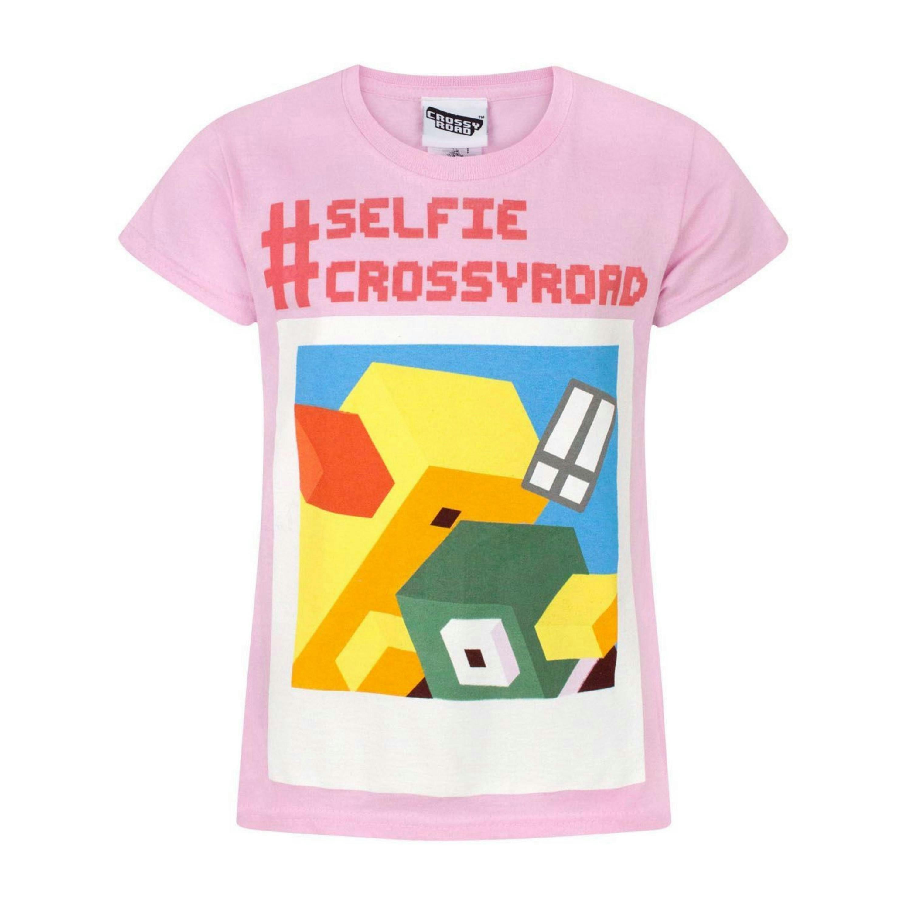 Crossy Road Girls Pink Selfie Short Sleeved T-Shirt by Vanilla Underground , view 1 of 2
