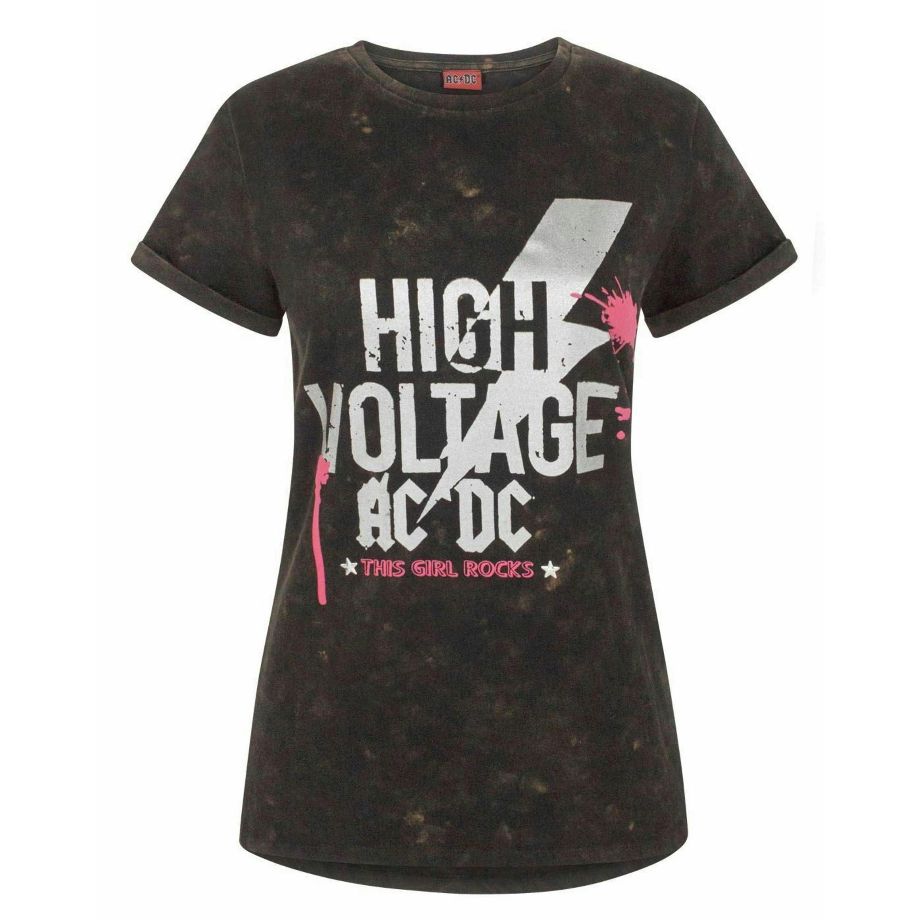 AC/DC Womens Black Slogan Text With Band Logo Short Sleeved T-Shirt by Vanilla Underground , view 1 of 4