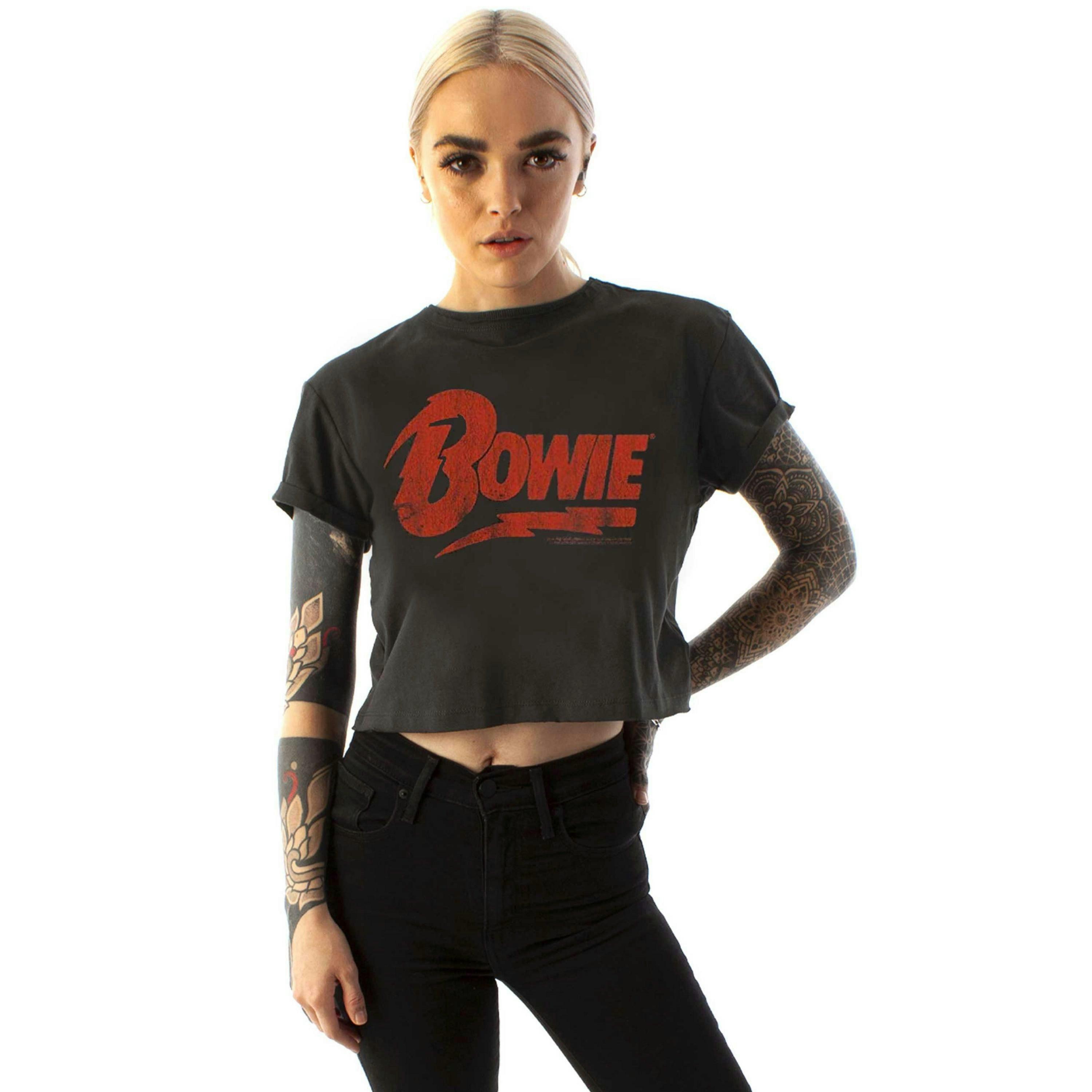 Amplified Clothing Womens Grey David Bowie Cropped Short Sleeved T-Shirt by Vanilla Underground , view 1 of 5