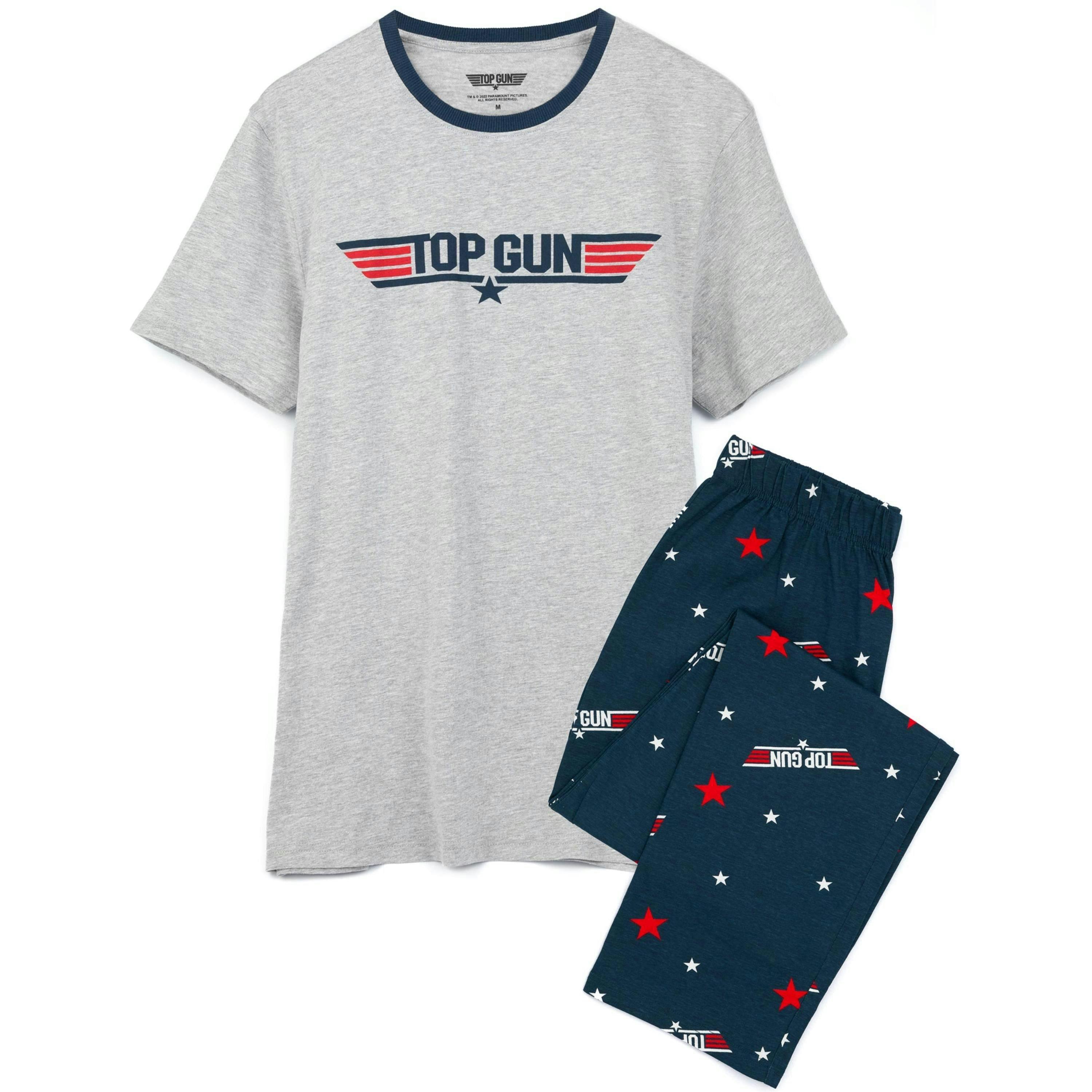 Top Gun Mens Black Logo Print Top & All Over Print Bottoms Short Sleeve Long Leg Pyjama Set by Vanilla Underground , view 1 of 6