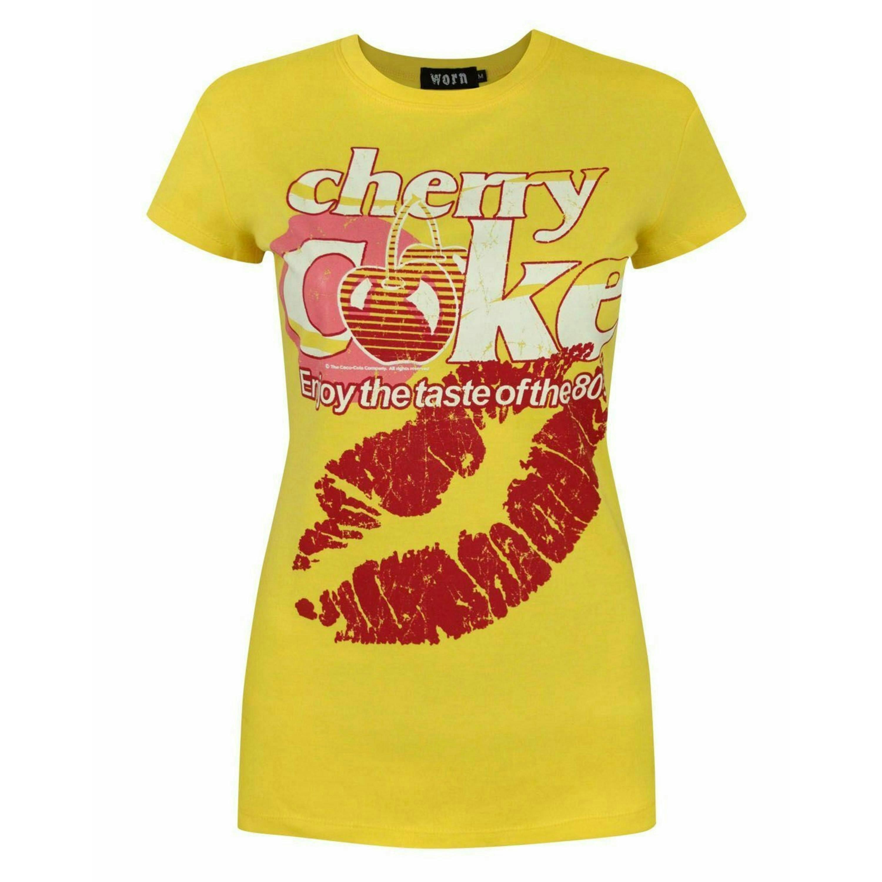 Coca Cola Womens Yellow Cherry Coke Lips Graphic Short Sleeved T-Shirt by Vanilla Underground , view 1 of 4