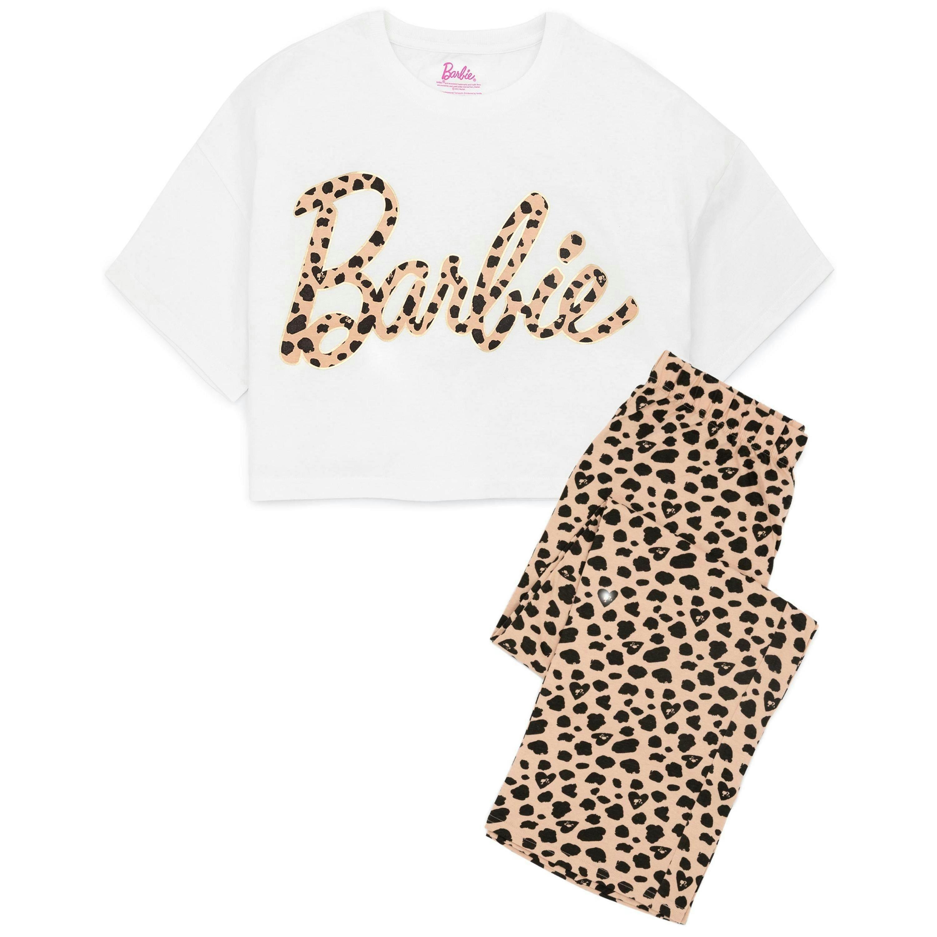 Barbie Womens White Animal Print Barbie Logo Short Sleeve Long Leg Pyjama Set [dis] by Vanilla Underground , view 1 of 6