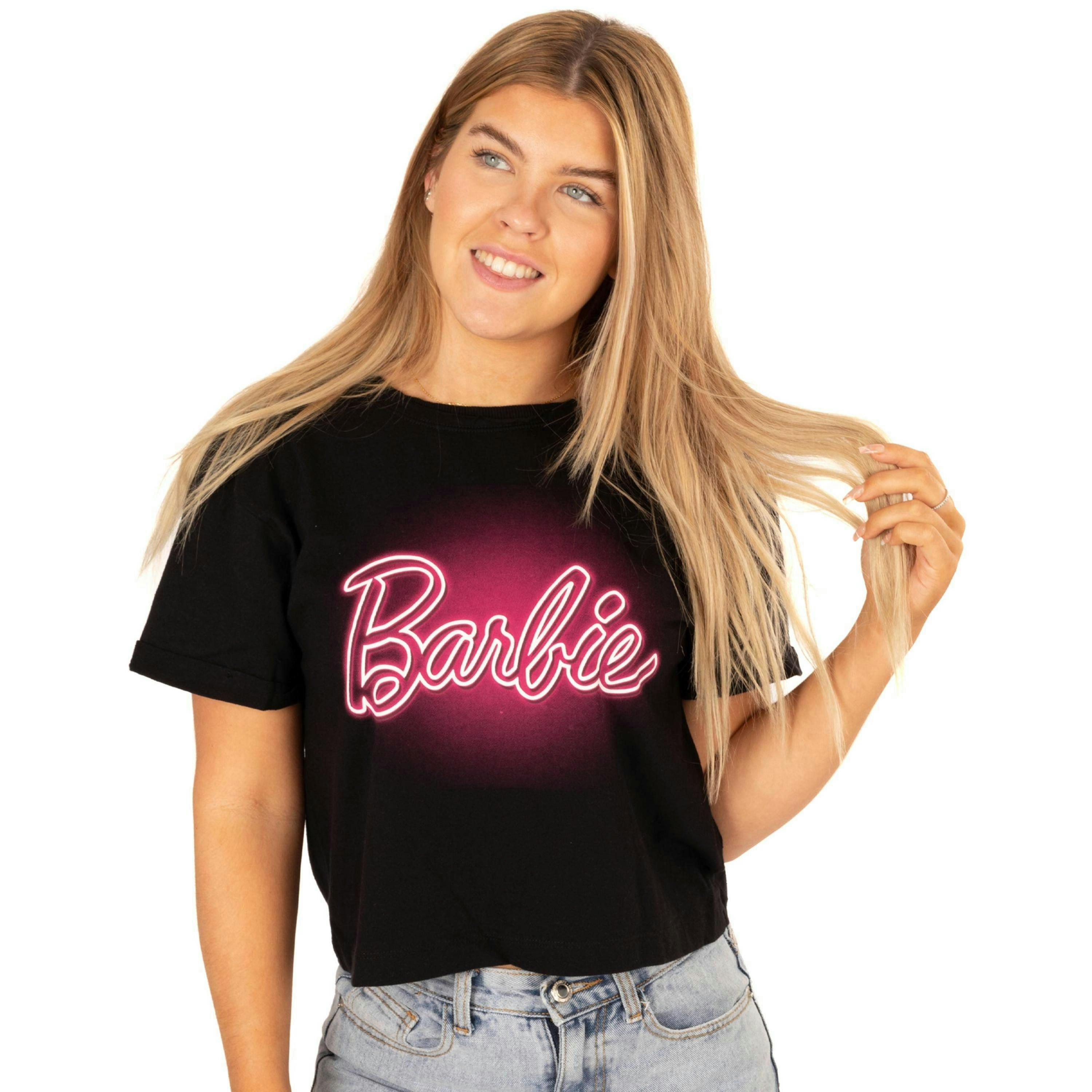 Barbie Womens Black Logo Cropped Short Sleeved T-Shirt by Vanilla Underground , view 1 of 4