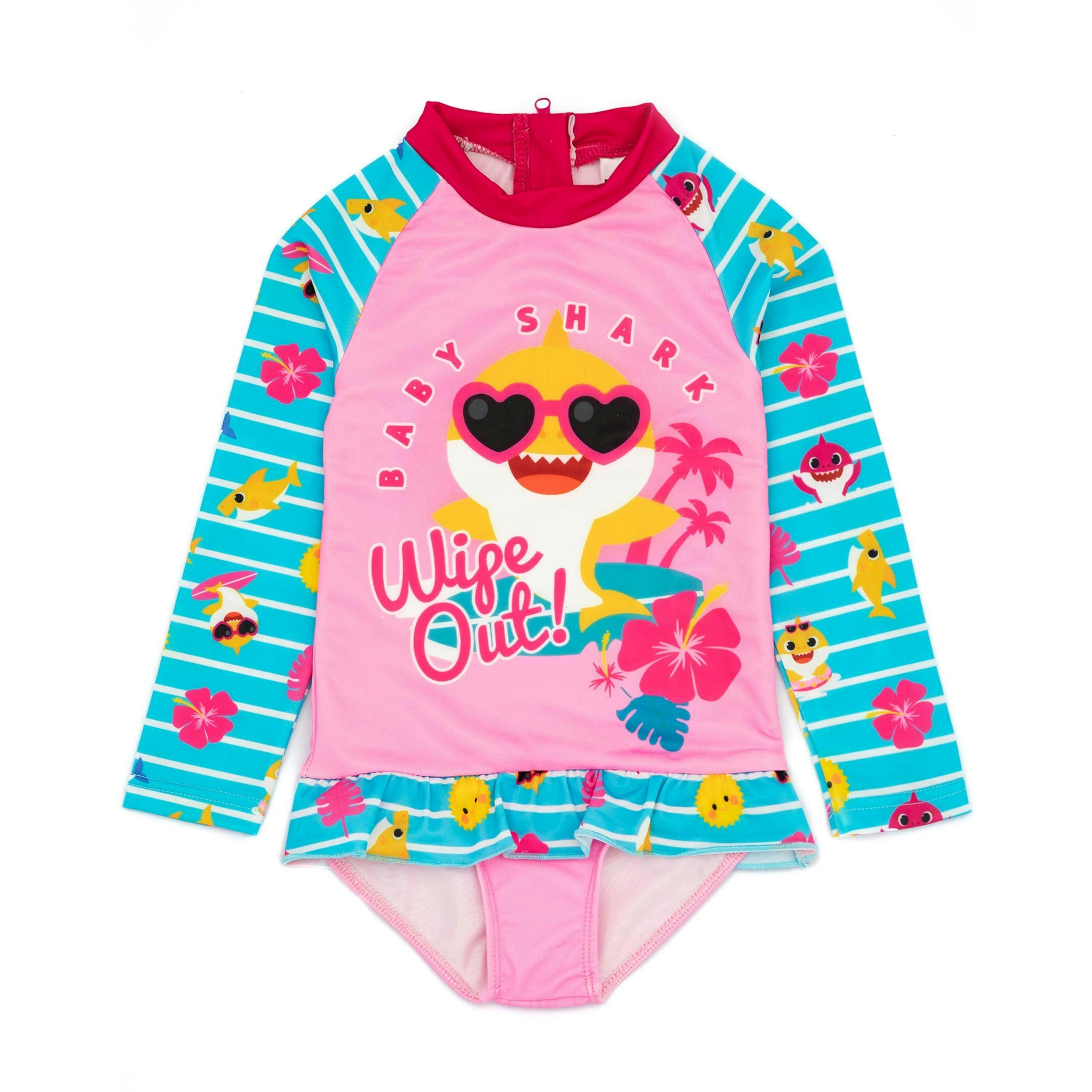 Baby Shark Girls Blue All-Over Print Sleeves & Frill Detail 1 Piece Surf Suit by Vanilla Underground , view 1 of 6