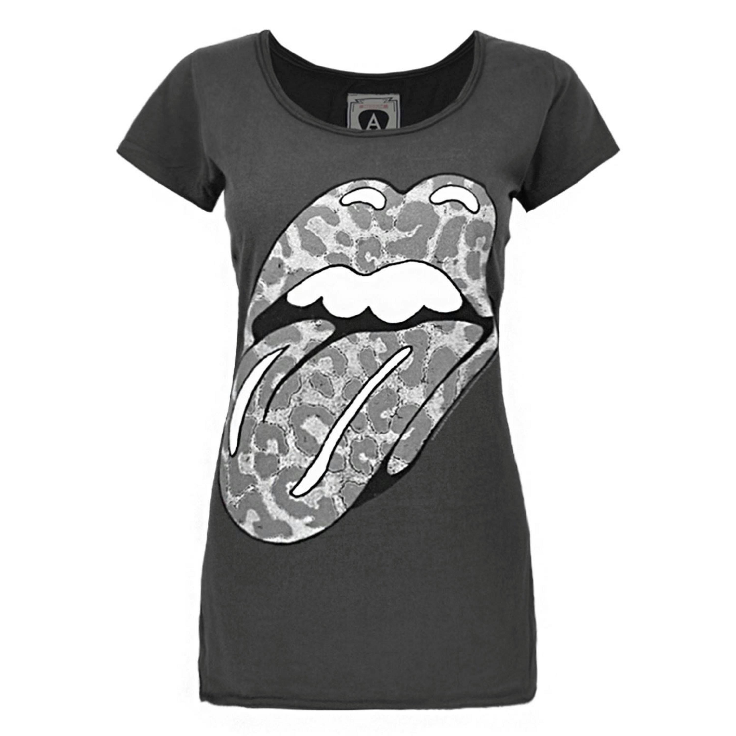 Amplified Clothing Womens Grey Rolling Stones Leopard Tongue Logo Short Sleeved T-Shirt by Vanilla Underground , view 1 of 1