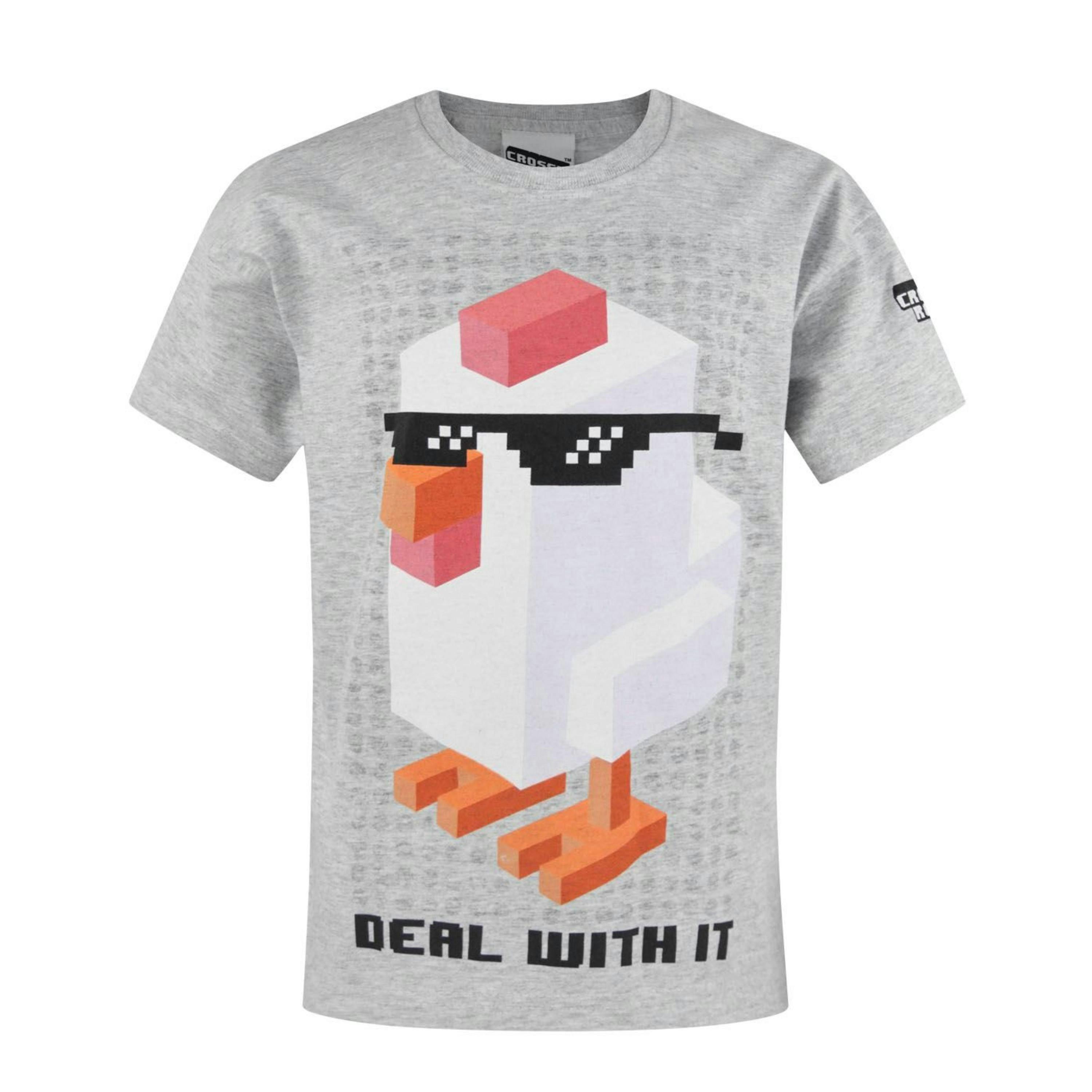 Crossy Road Boys Grey Deal With It Chicken Print Short Sleeved T-Shirt by Vanilla Underground , view 1 of 3