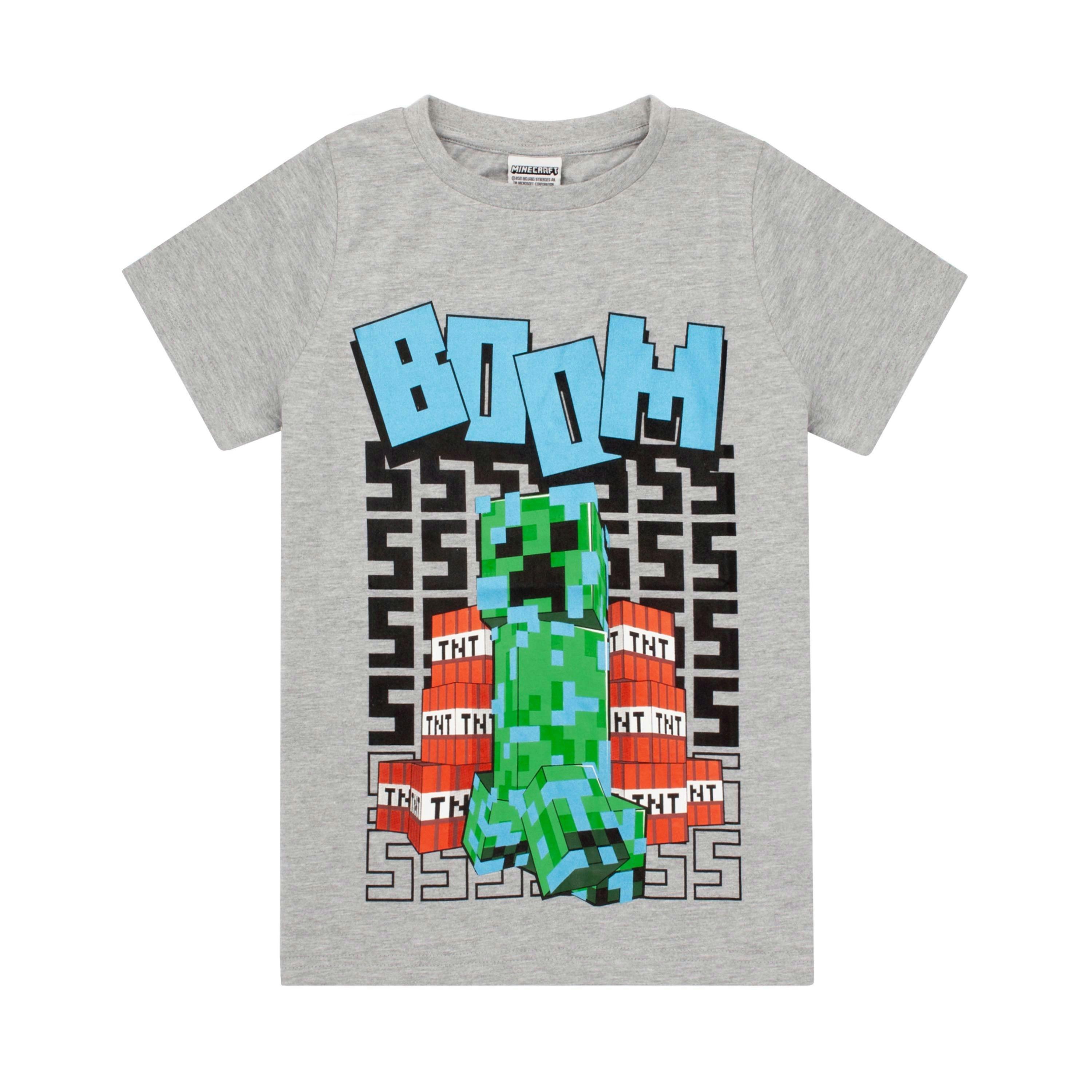 Minecraft Boys Grey Creeper Tnt Boom Placement Print Short Sleeved T-Shirt by Vanilla Underground , view 1 of 6