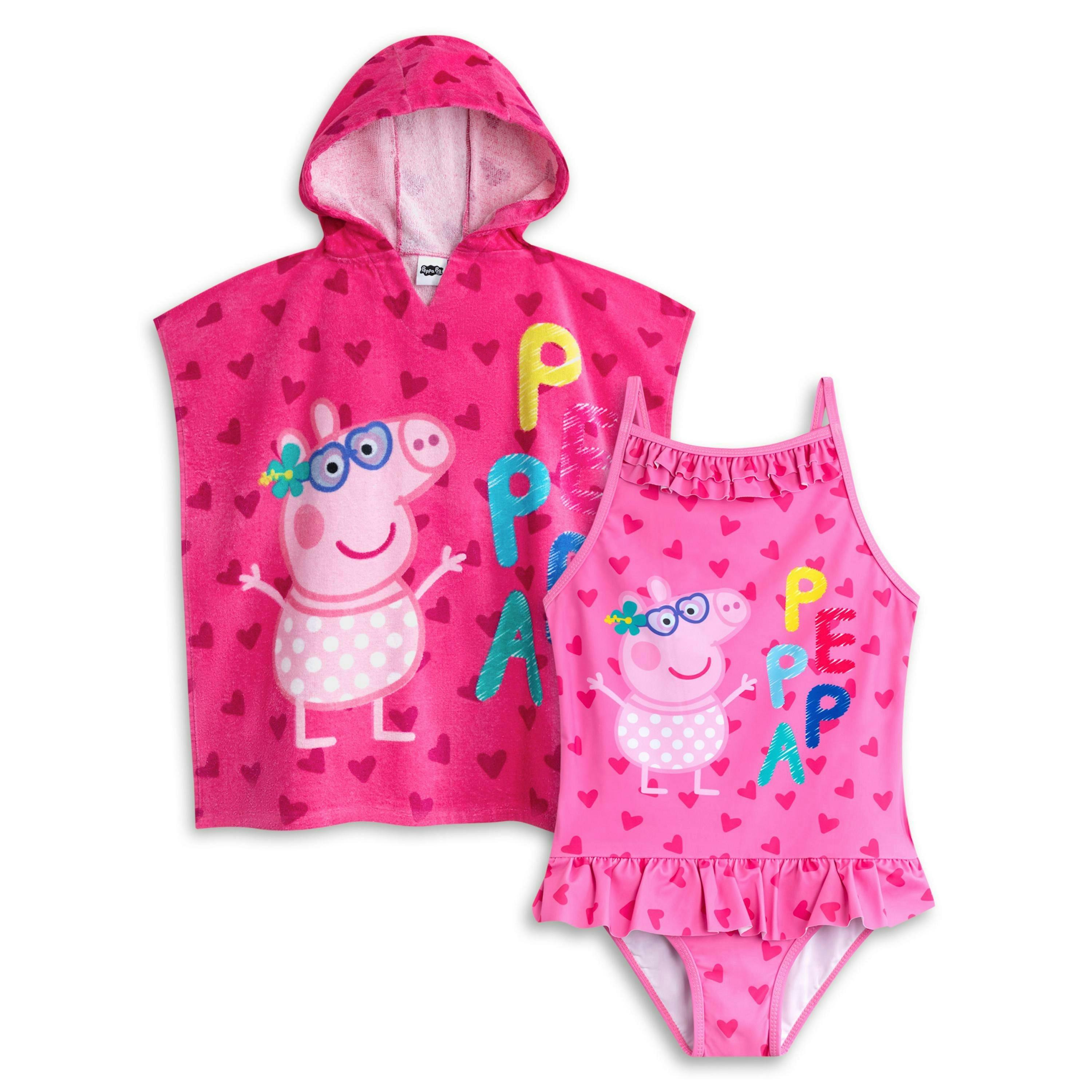 Peppa Pig Girls Pink Love Heart Background Poncho Towel and 1 Piece Swimming Costume Set by Vanilla Underground , view 1 of 6