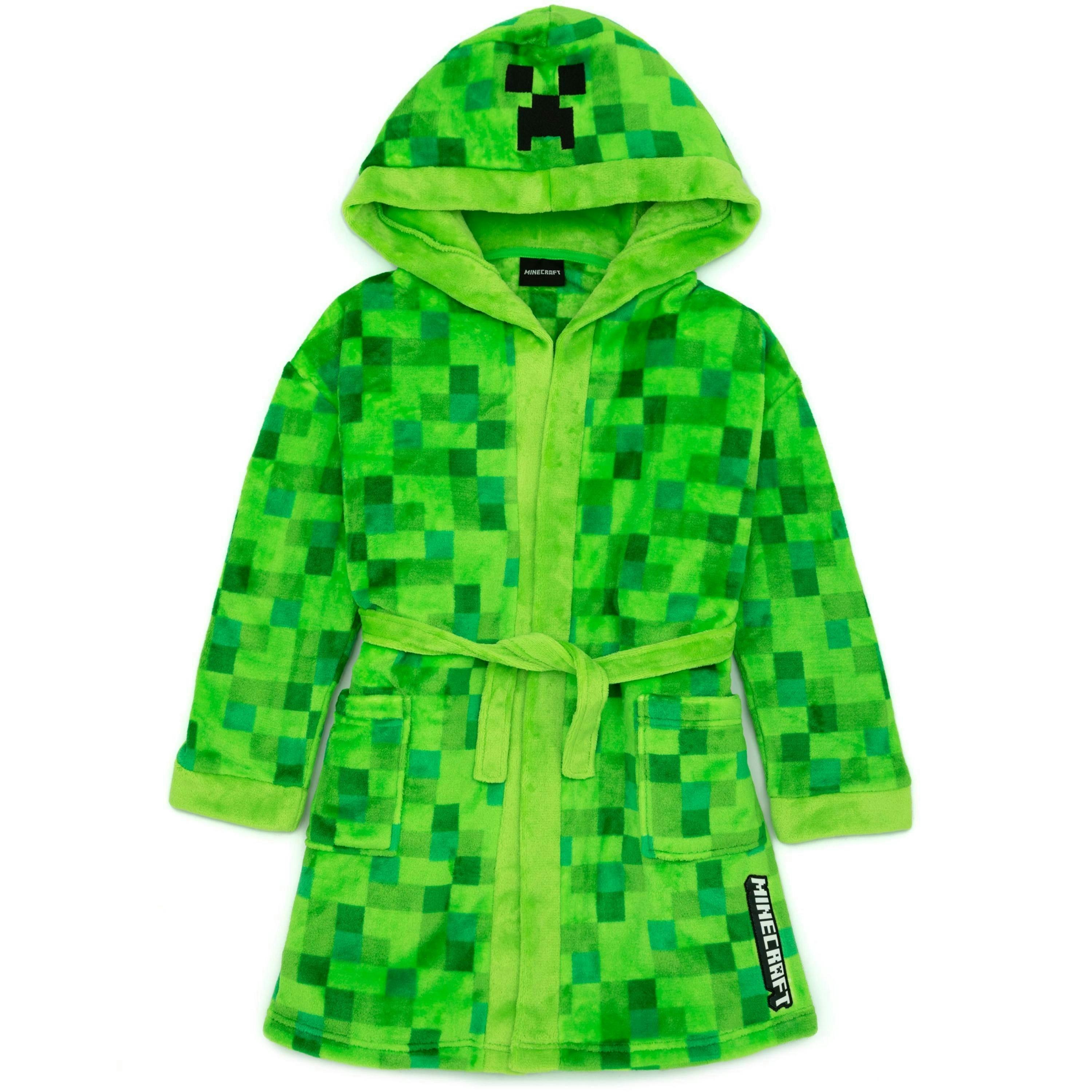 Minecraft Unisex Kids Green Pixel Creeper Novelty Print Bathrobe by Vanilla Underground , view 1 of 5