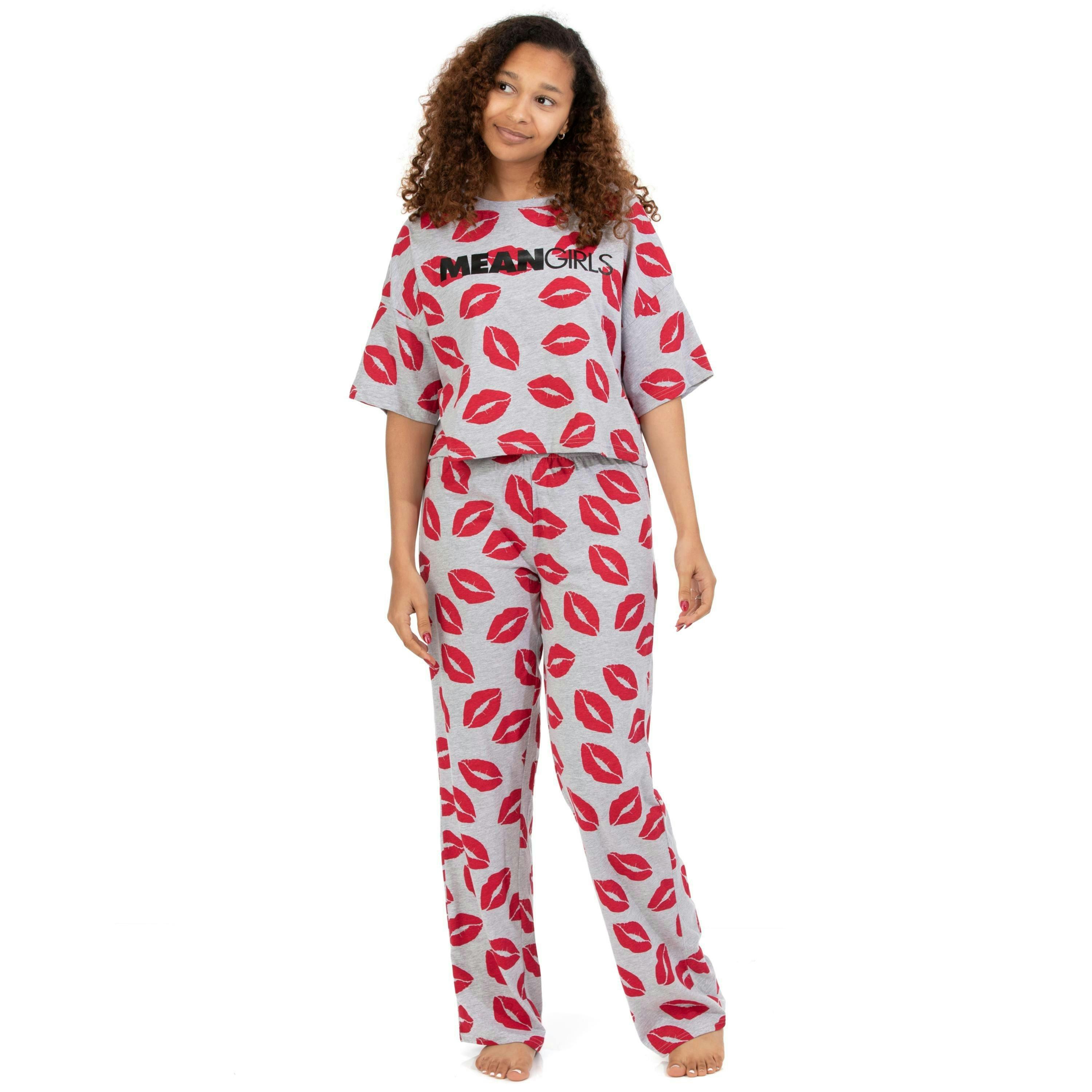 Mean Girls Womens Grey Logo With Kiss All-Over Print Short Sleeve Long Leg Pyjama Set by Vanilla Underground , view 1 of 6