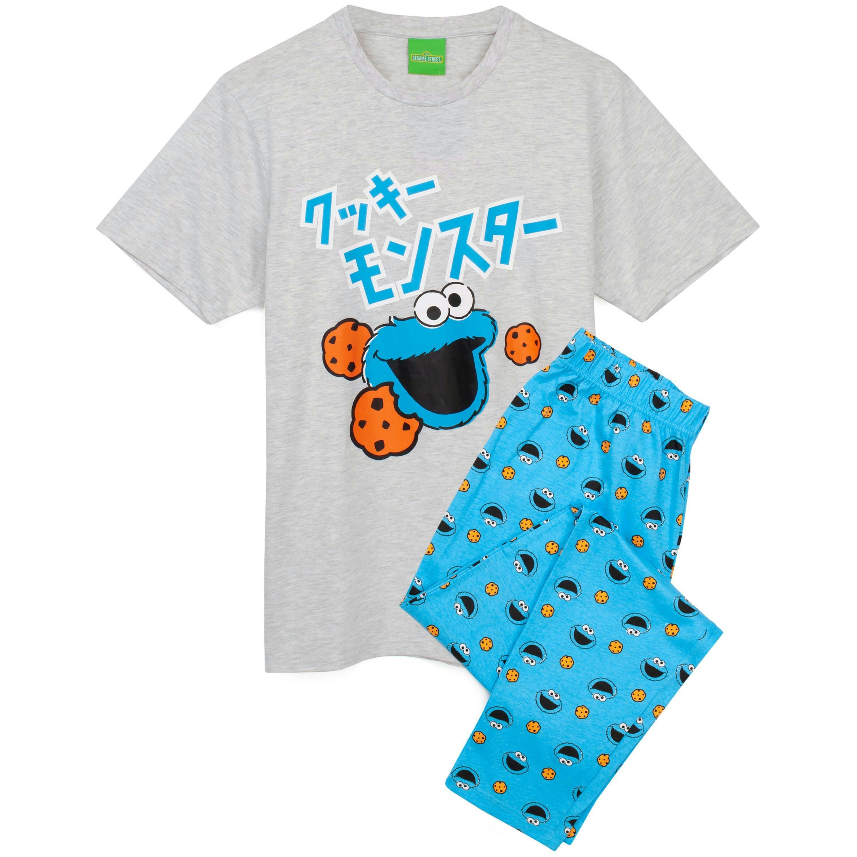 Sesame Street Mens Blue Cookie Monster Japanese Text Short Sleeve Long Leg Pyjama Set by Vanilla Underground , view 1 of 6