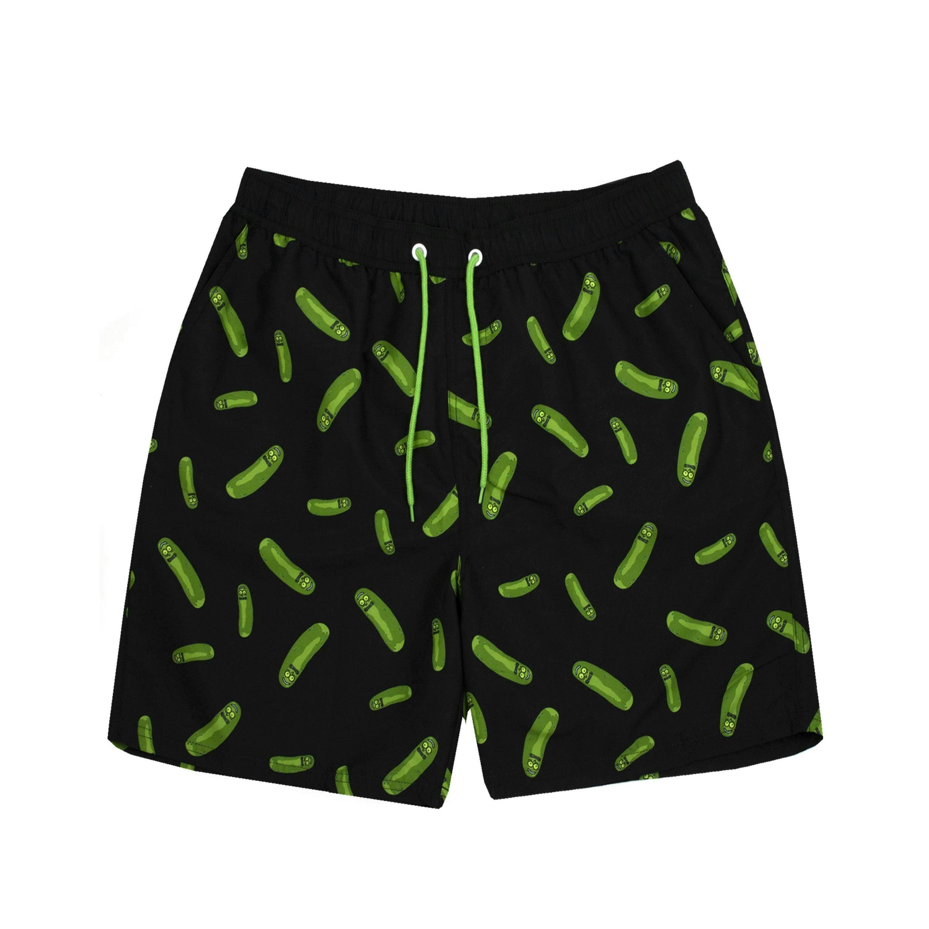 Rick And Morty Mens Black Pickle Rick Drawstring Swim Shorts by Vanilla Underground , view 1 of 5