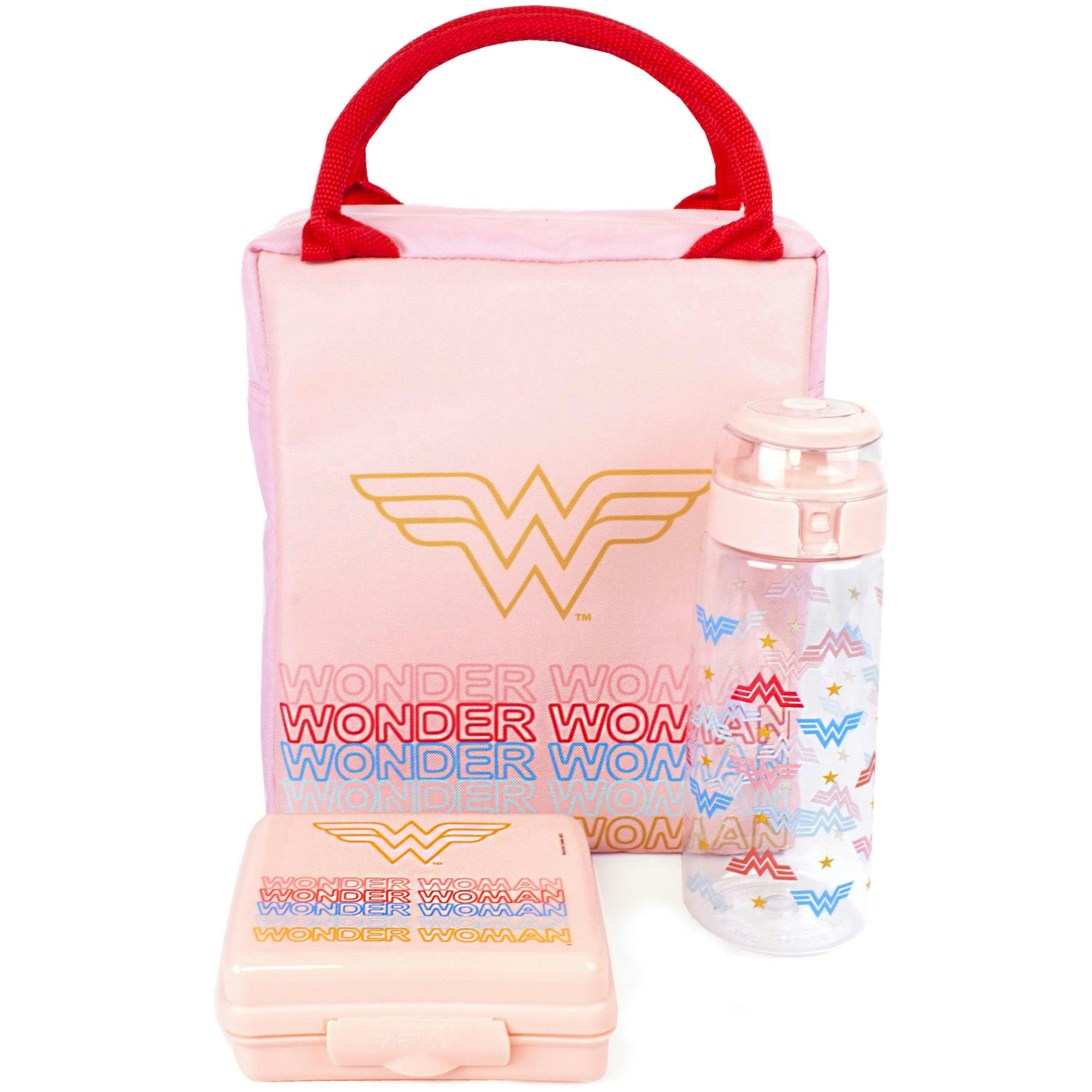 DC Comics Womens Pink Logo & Icon Print Lunch Bag Bottle and Snack Pot (One Size) by Vanilla Underground , view 1 of 6