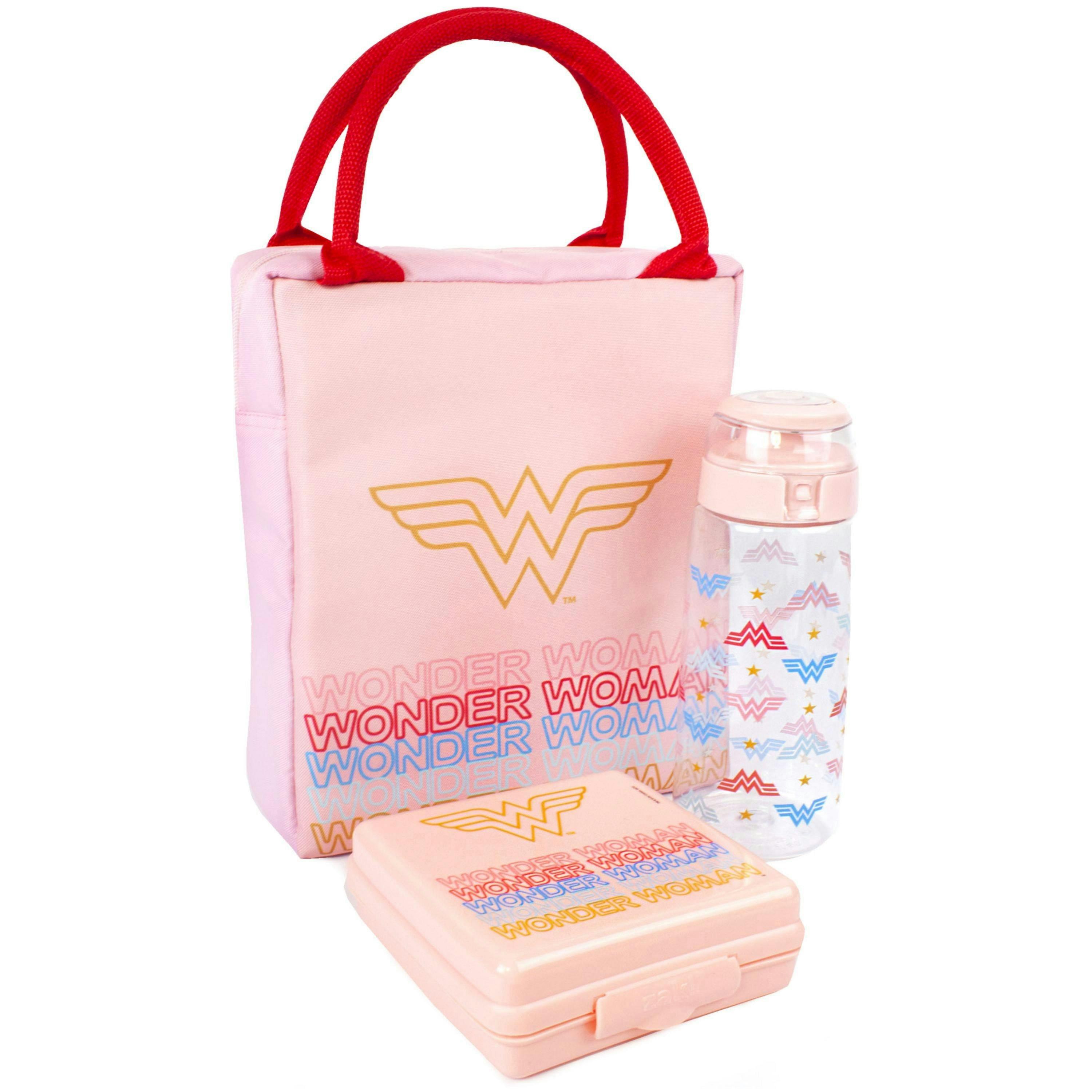DC Comics Womens Pink Logo & Icon Print Lunch Bag Bottle and Snack Pot (One Size) by Vanilla Underground , view 3 of 6