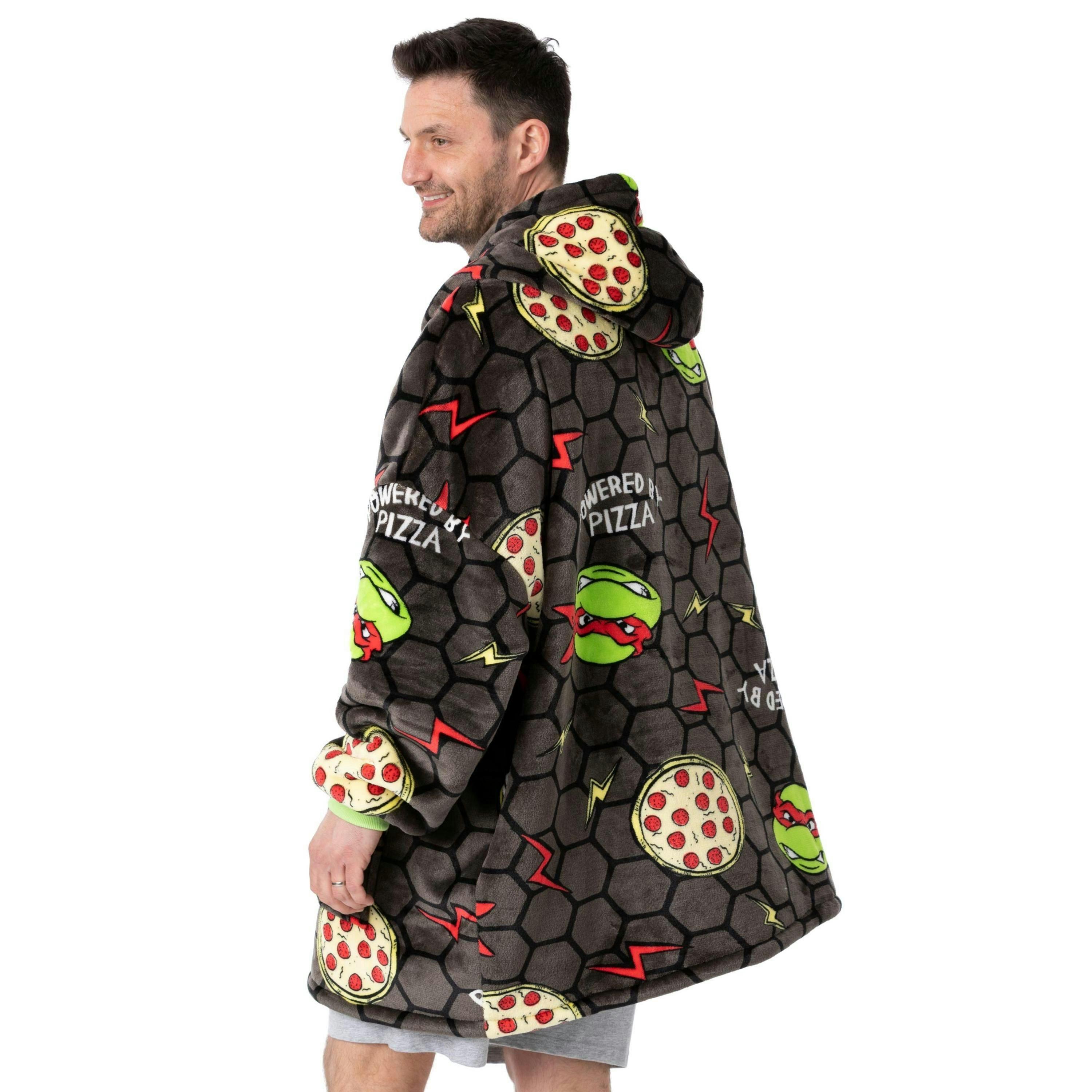 Teenage Mutant Ninja Turtles Mens Grey POWERED BY PIZZA Blanket Hoodie (One Size) by Vanilla Underground , view 2 of 6