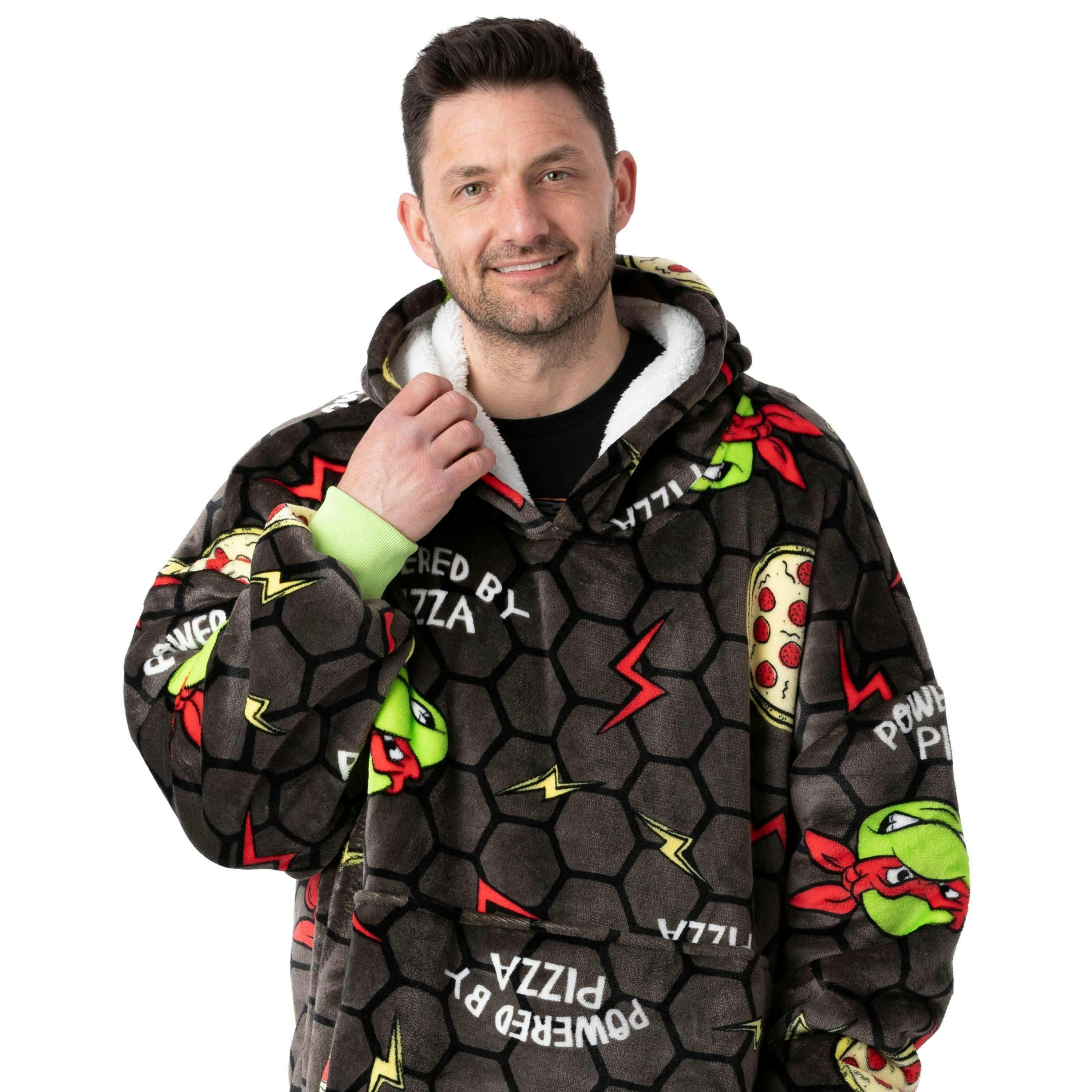 Teenage Mutant Ninja Turtles Mens Grey POWERED BY PIZZA Blanket Hoodie (One Size) by Vanilla Underground , view 3 of 6