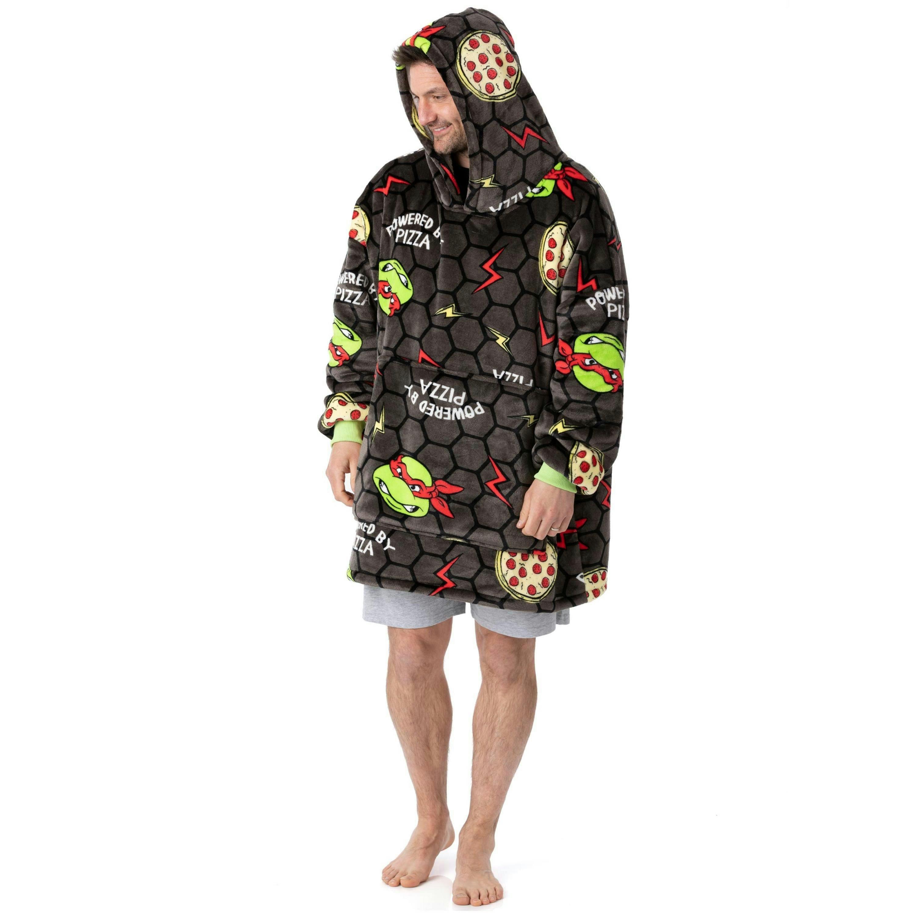 Teenage Mutant Ninja Turtles Mens Grey POWERED BY PIZZA Blanket Hoodie (One Size) by Vanilla Underground , view 4 of 6