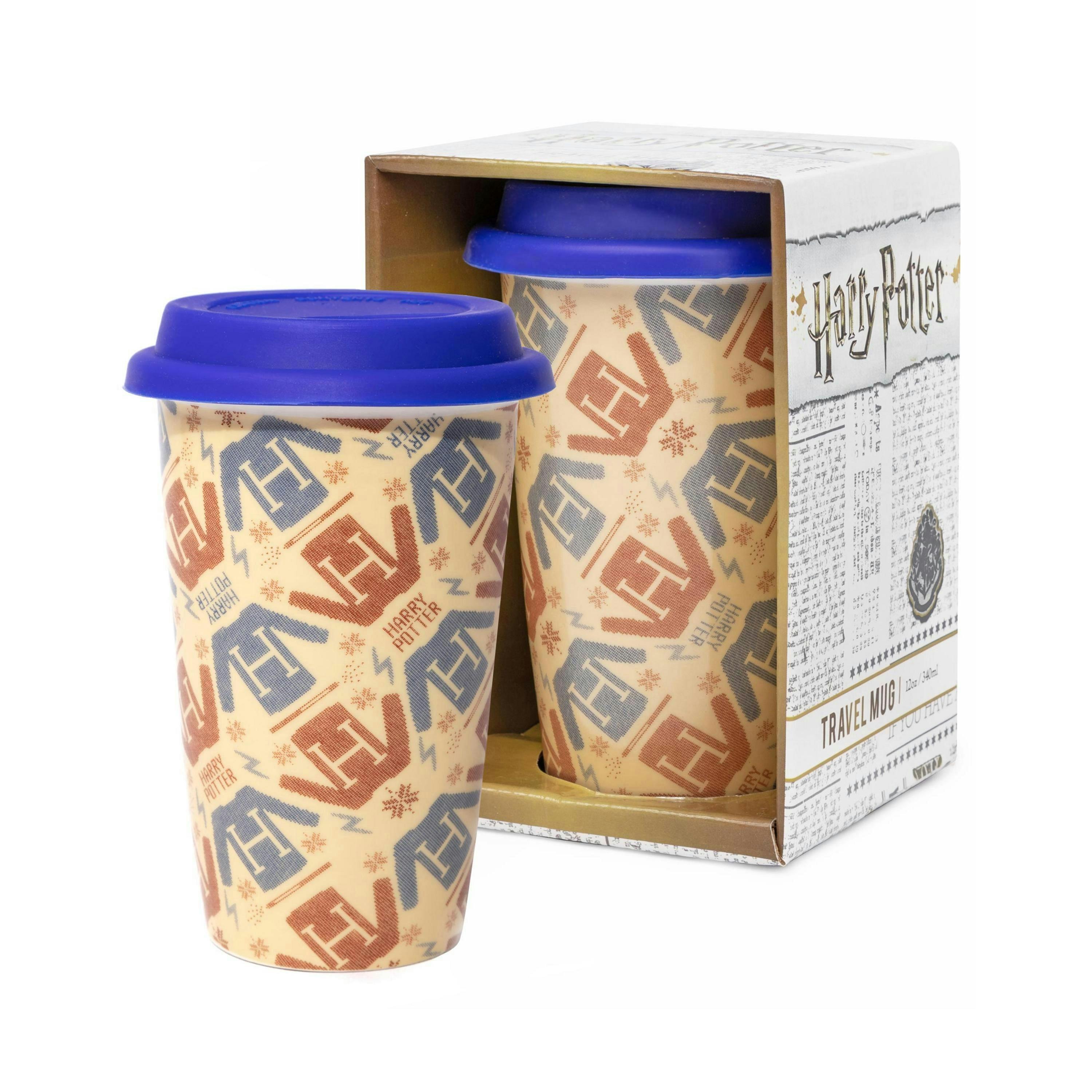 Harry Potter Unisex Blue All Over Print Of Harry'S 'H' Jumper Travel Mug (One Size) by Vanilla Underground , view 1 of 4