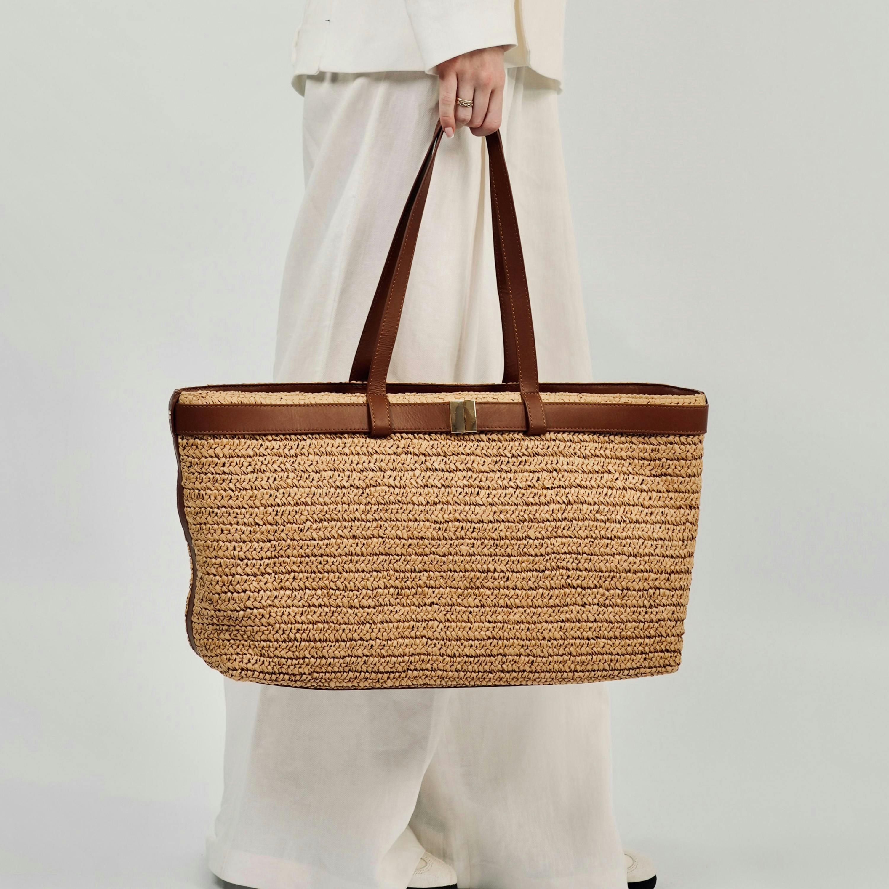 The Esme Raffia Tote Bag with Leather Trim , view 2 of 6