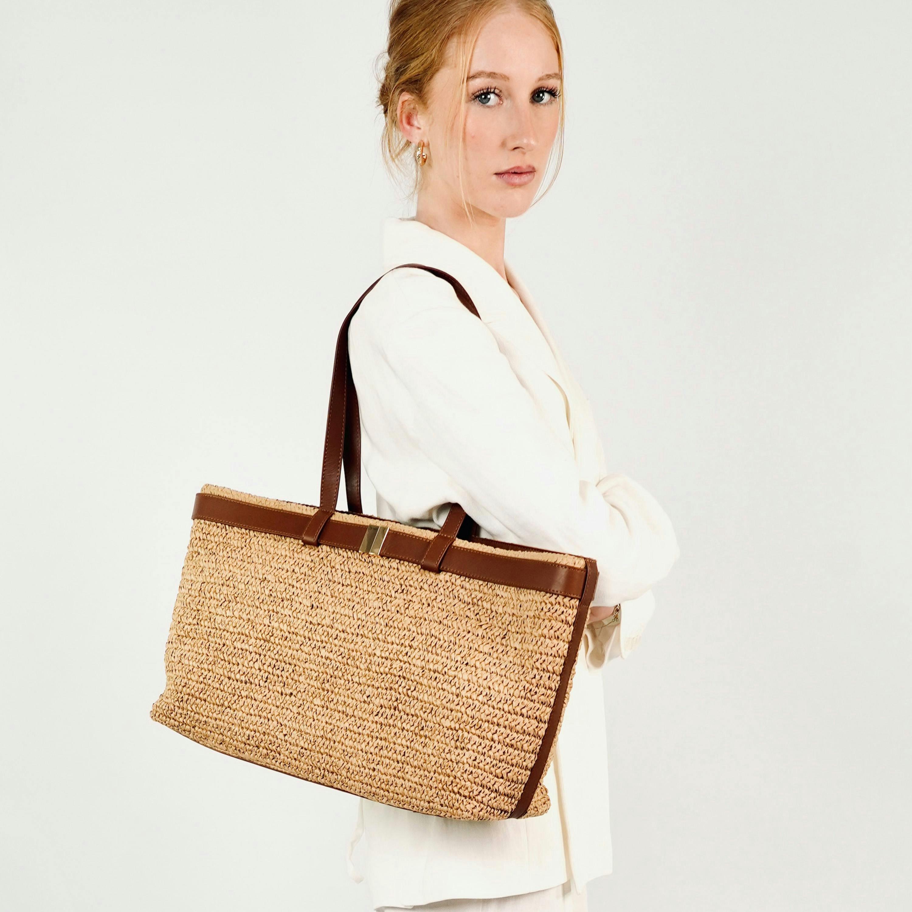 The Esme Raffia Tote Bag with Leather Trim , view 4 of 6