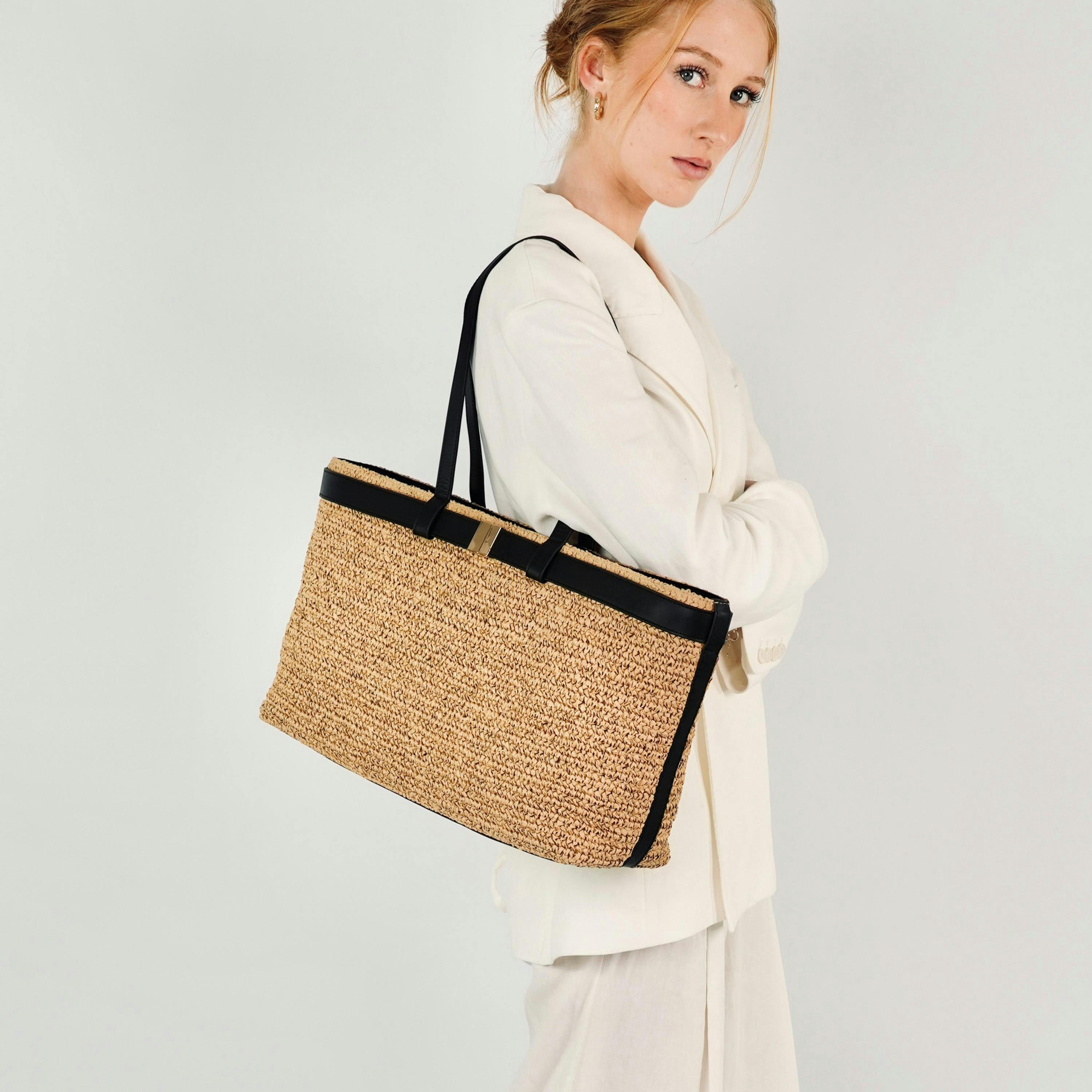 The Esme Raffia Tote Bag with Leather Trim , view 4 of 6