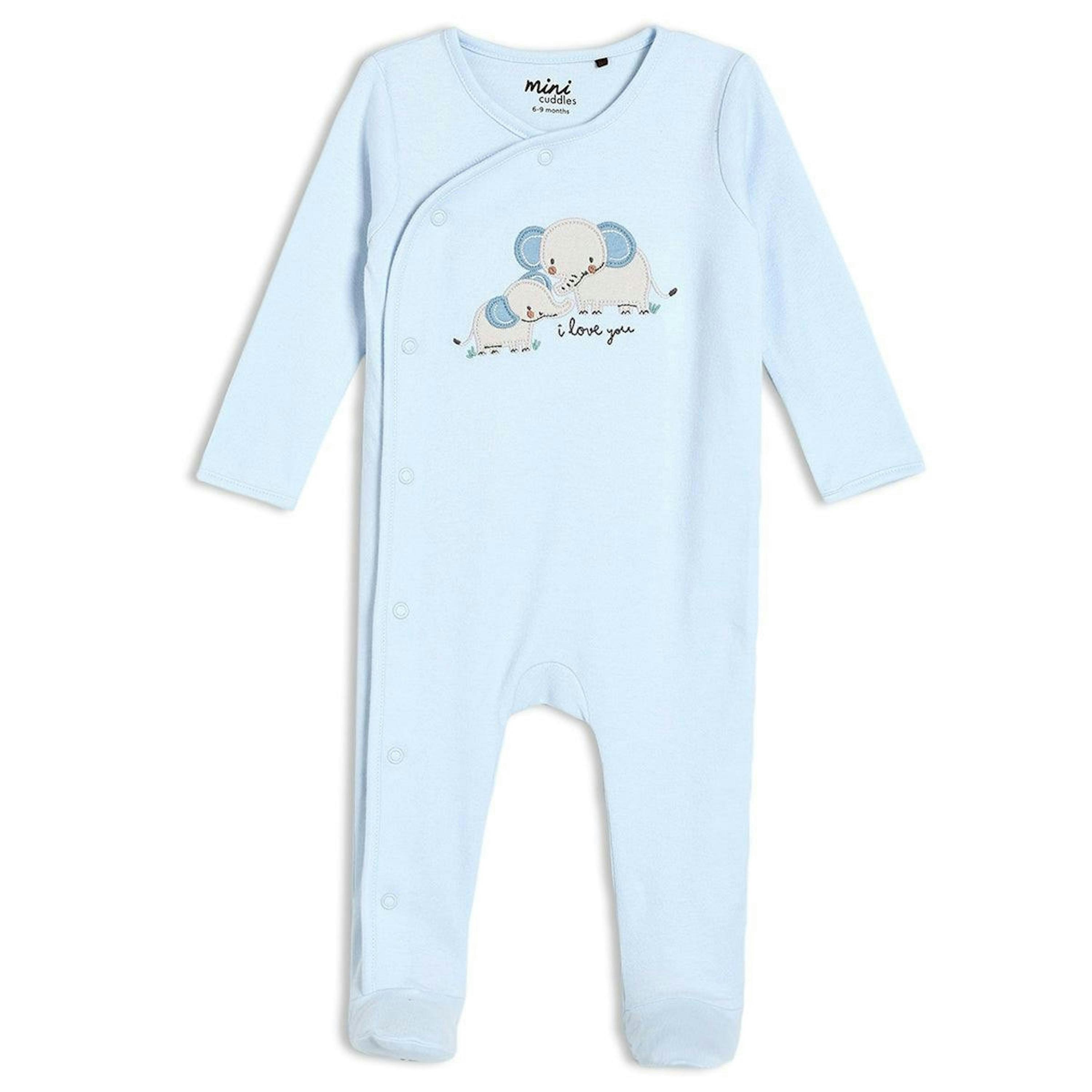 Baby Boys Elephant Embroidered Sleepsuit, Blue , view 1 of 5