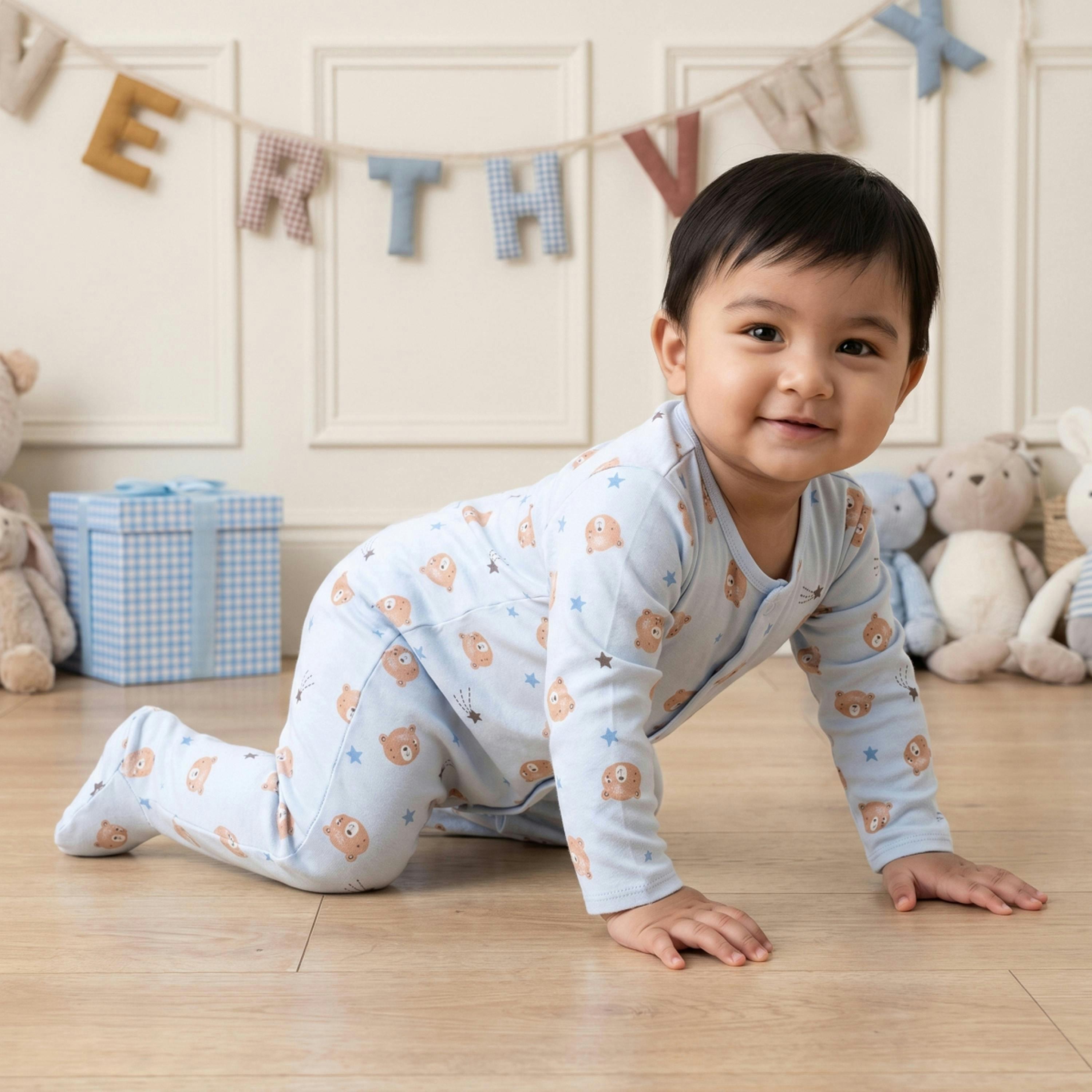 Baby Boys 2pk Teddy Bear Printed Sleepsuitss, Multicolour , view 2 of 6