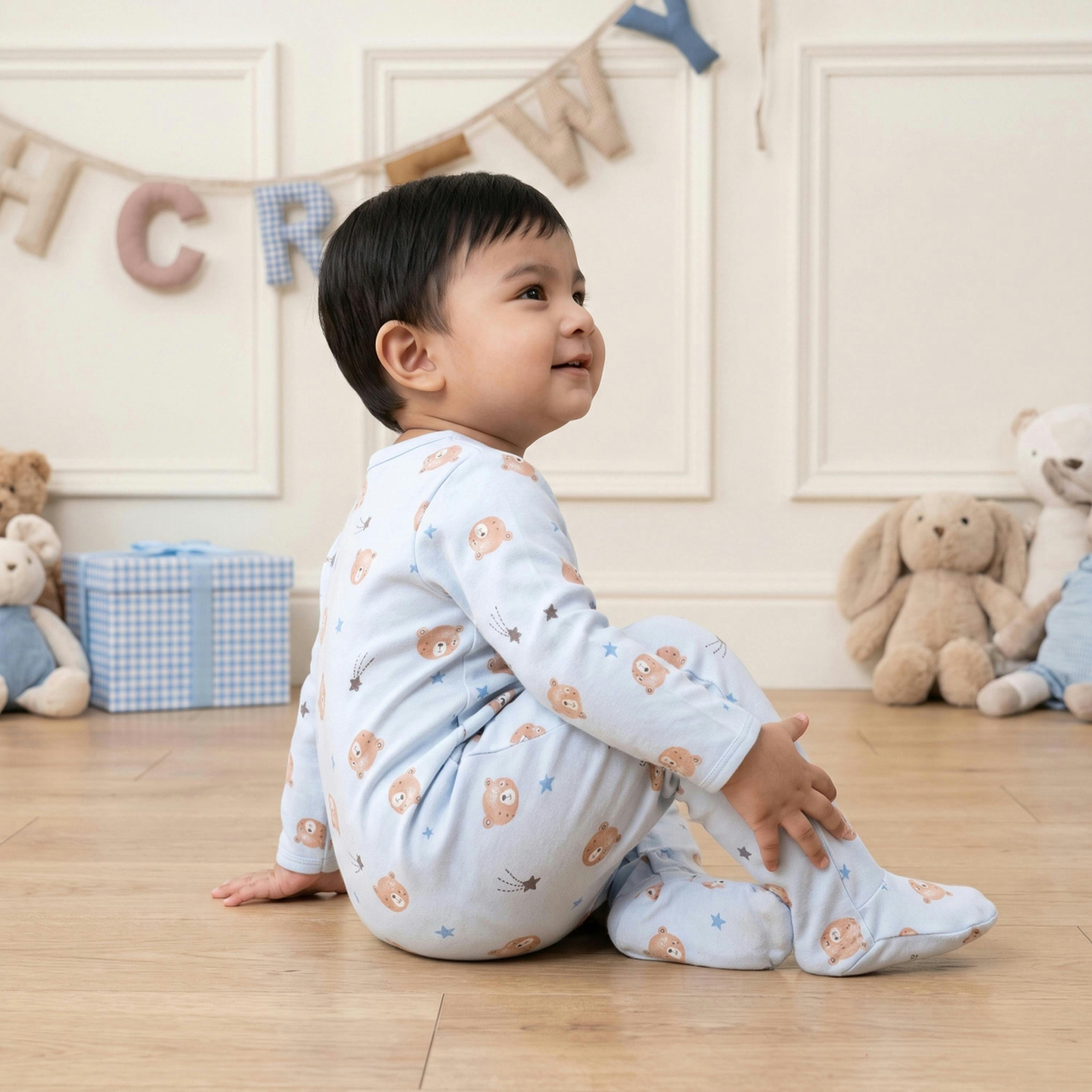 Baby Boys 2pk Teddy Bear Printed Sleepsuitss, Multicolour , view 3 of 6