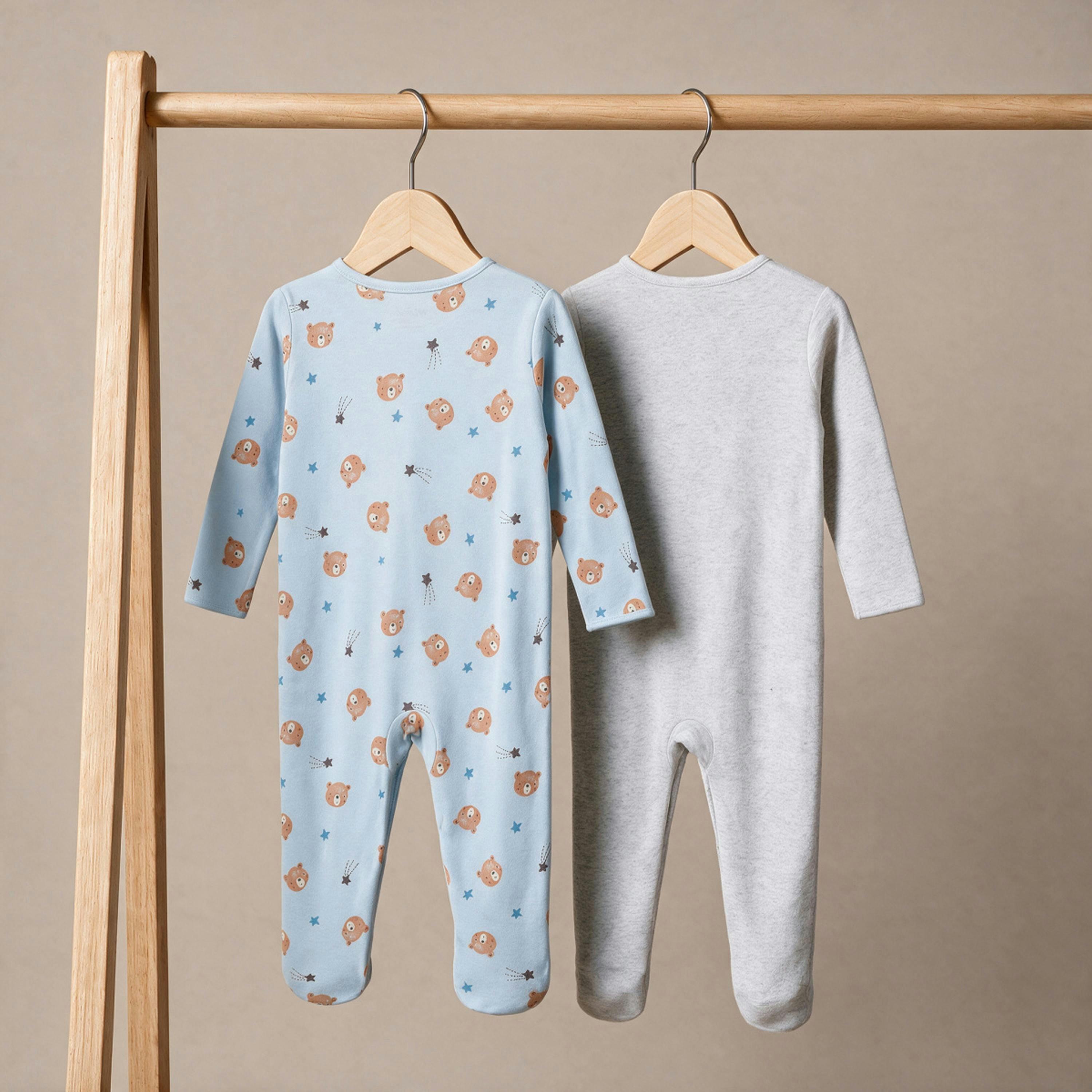 Baby Boys 2pk Teddy Bear Printed Sleepsuitss, Multicolour , view 5 of 6